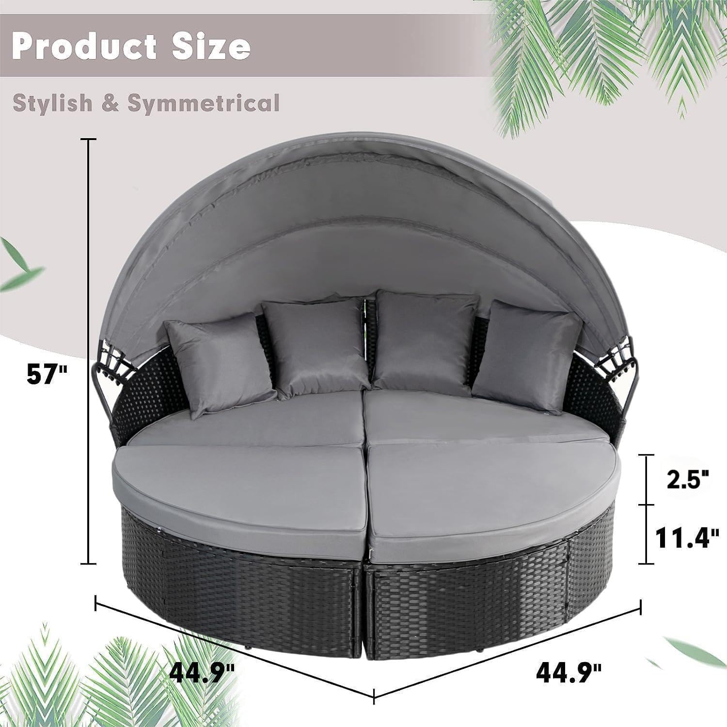 Crownland Outdoor Patio Canopy Bed - Round Wicker Daybed with Washable Cushions & Retractable Canopy, Clamshell Sectional Seating Furniture for Backyard, Porch, Poolside Relaxation (Black) - Perfect for Lounging, Sunbathing, and Outdoor Entertaining