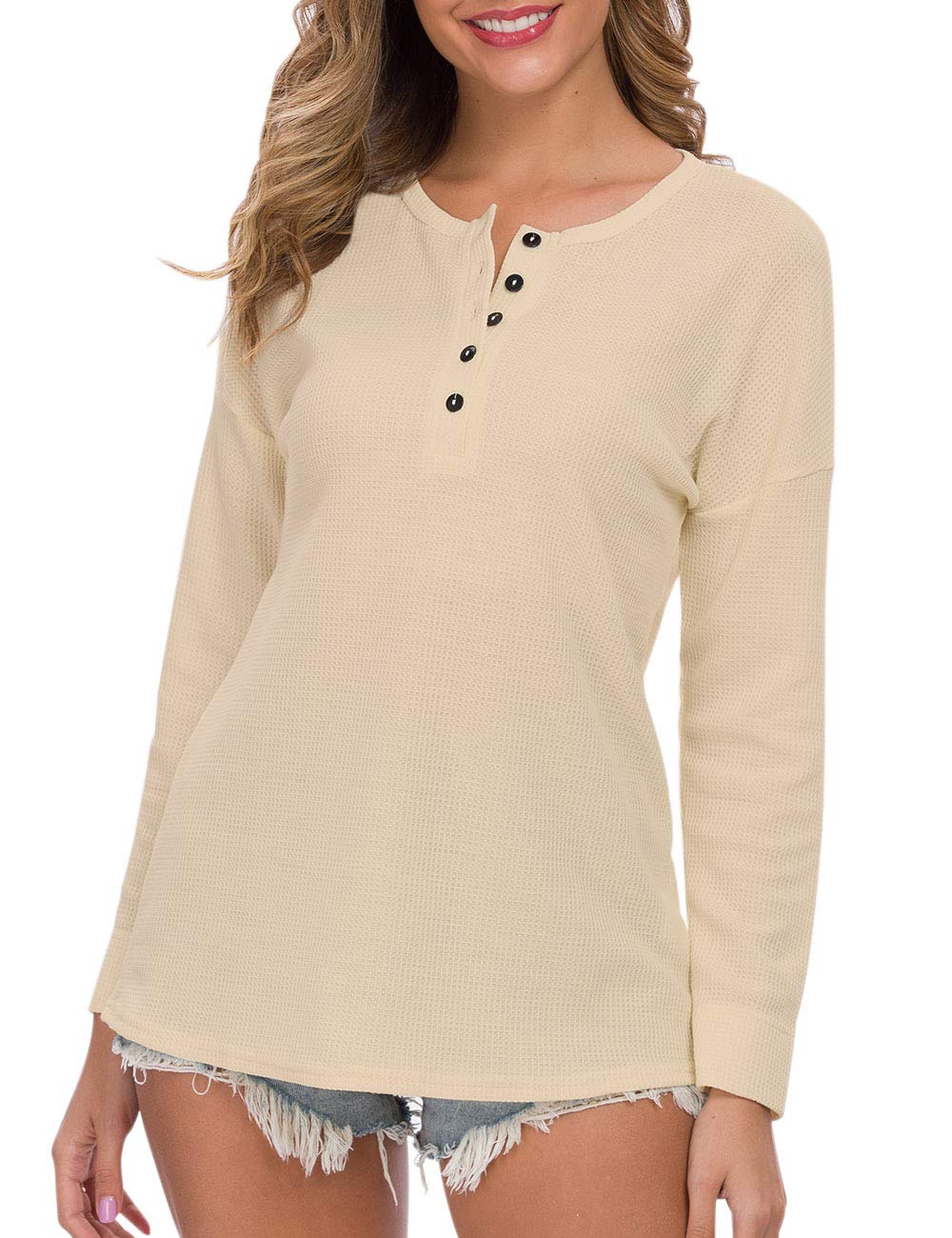 WNEEDU Women's Waffle Knit Tunic Top - Loose Fit Long Sleeve Button Up V-Neck Henley Shirt for Casual Wear, Office & Fall Outfits