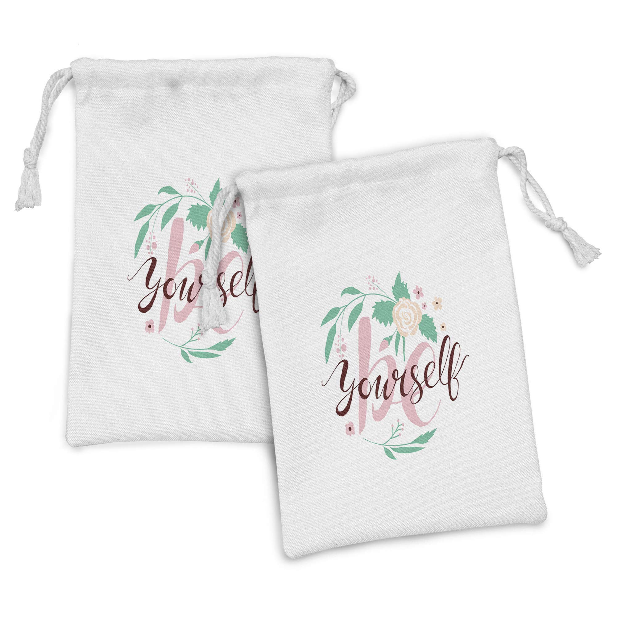 Ambesonne 2-Pack Fabric Drawstring Pouch Set - 'Be Yourself' Motto with Floral Cursive Typography, Small 9