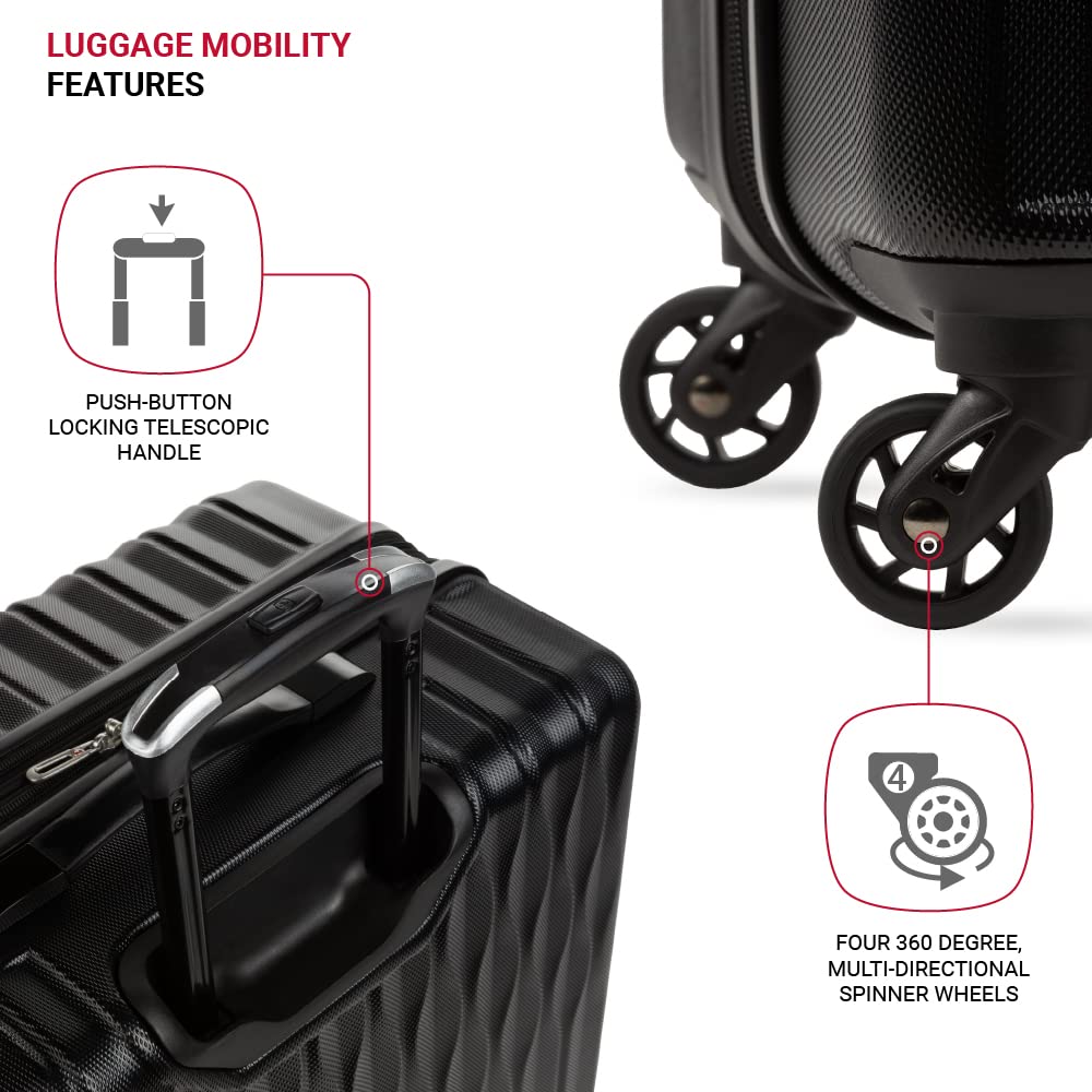 SwissGear 8018 Expandable Hardside Spinner Wheel Luggage - 27 Inch Large Checked Suitcase for Travel, Black | Perfect for International Flights & Long Trips