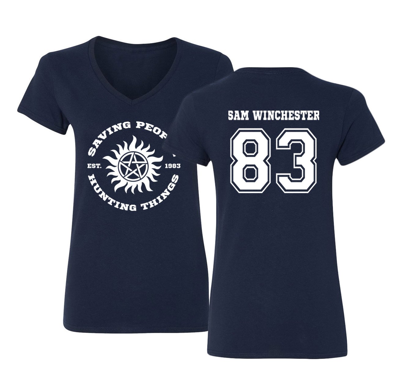 Supernatural Sam Winchester Women's V-Neck T-Shirt | RIVEBELLA | TV Show Merchandise & Fan Gifts | Perfect for Cosplay, Halloween & Supernatural Conventions