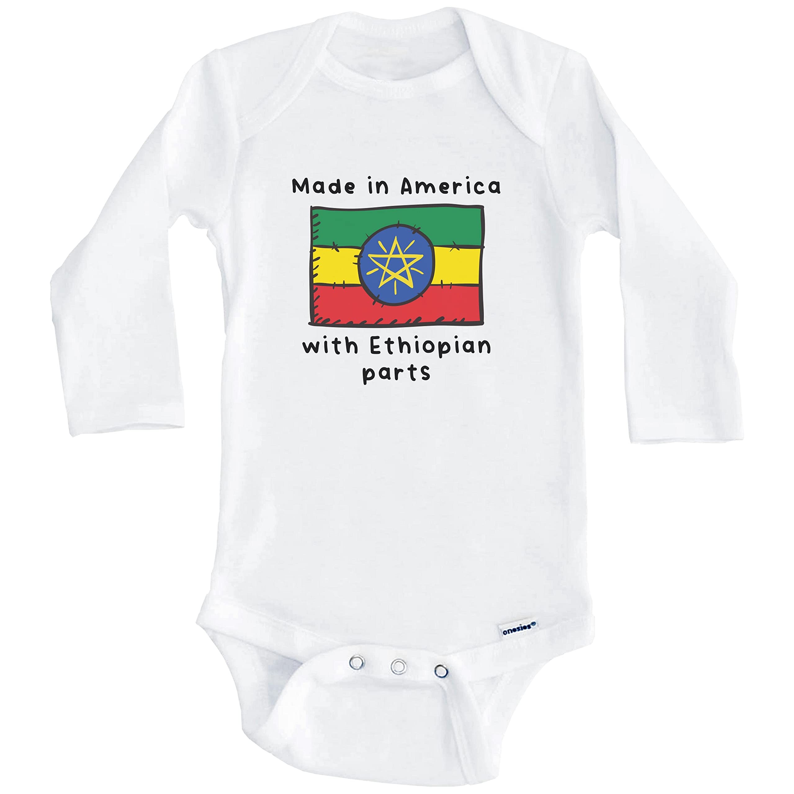 Ethiopia Flag One Piece Baby Bodysuit - Long Sleeve American-Made with Ethiopian Fabric - Perfect for Cultural Celebrations & Family Photos