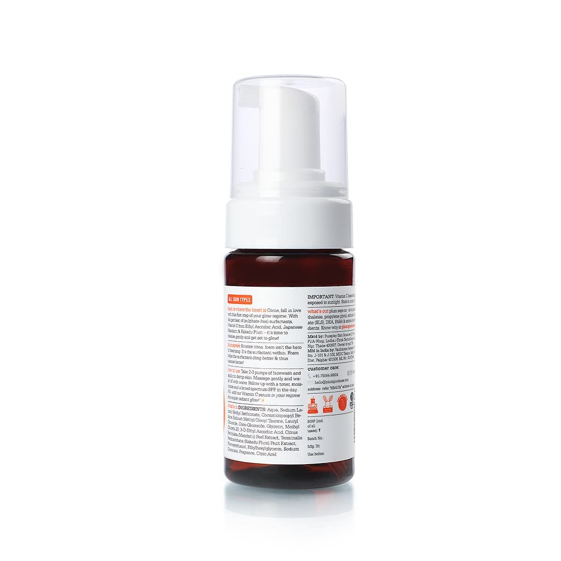 Plum Vitamin C Foaming Face Wash with Mandarin Extract | Brightening Cleanser for Glowing Skin | Gentle Sulfate-Free Formula for Hyperpigmentation & Dullness | 100% Vegan Skincare (110ml) | Perfect for Morning Routine & Pre-Makeup Cleansing
