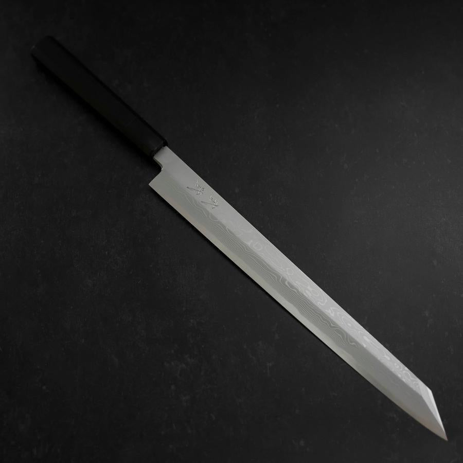 Premium Yanagi Kiritsuke Knife - Blue Steel #1 Suminagashi Blade with Buffalo Ebony Handle & Sheath - 330mm Japanese Sushi & Sashimi Chef Knife - Perfect for Professional Chefs & Home Cooking Enthusiasts