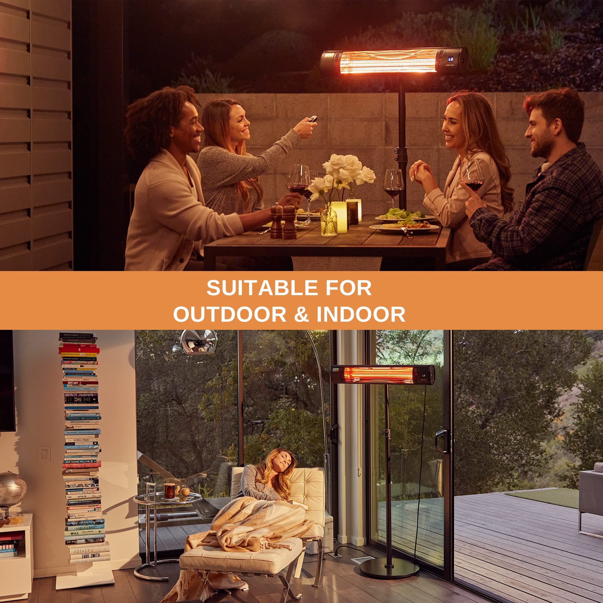EAST OAK 1500W Indoor Outdoor Electric Patio Heater - Wall Mount & Standing Infrared Heater with IP65 Waterproof, Overheat Protection, Tip-Over Safety, 3 Heat Settings & 24H Timer - Perfect for Patio, Deck, Garage & Winter Outdoor Heating