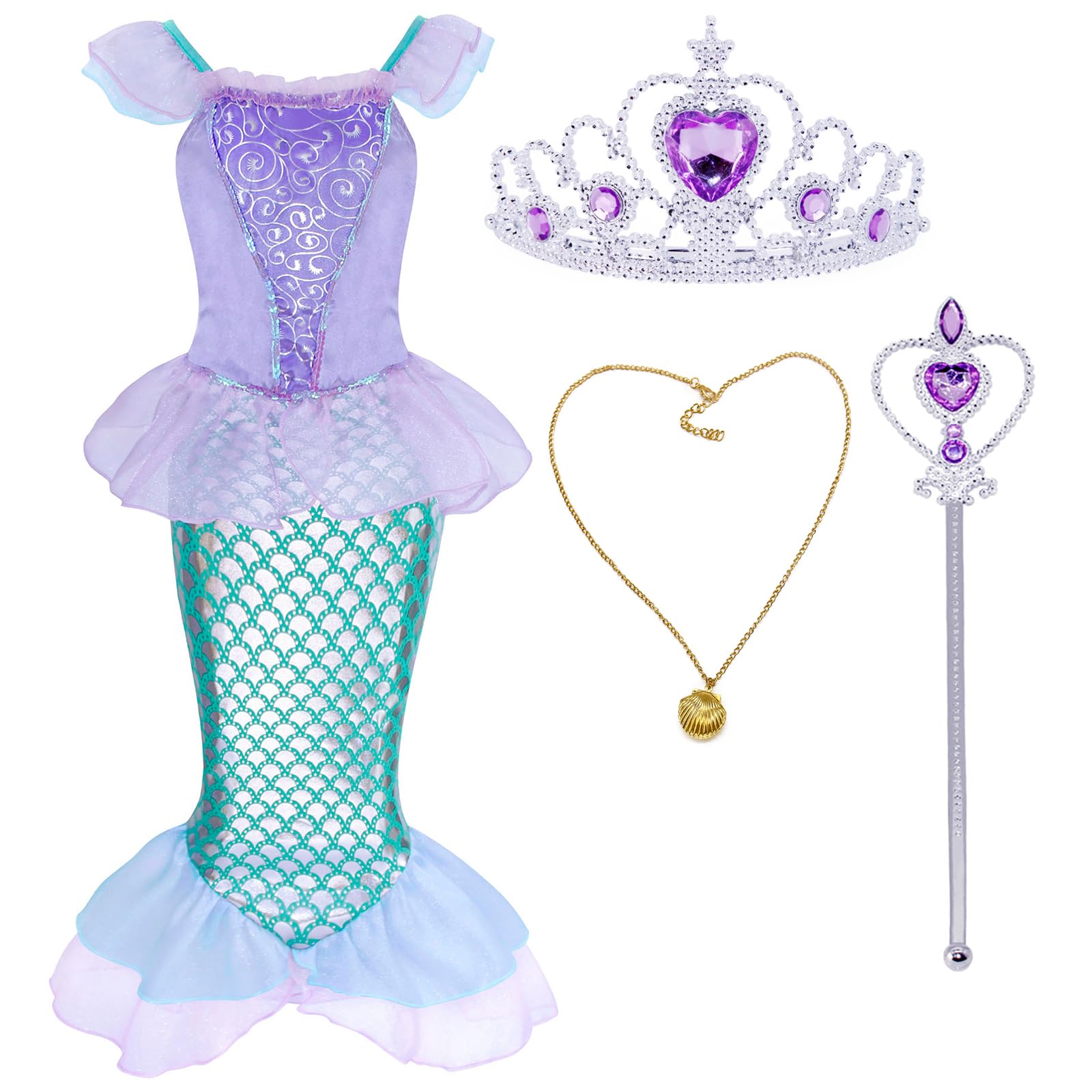 AmzBarley Little Girls Mermaid Costume Set - Princess Birthday Party Dress with Accessories | Perfect for Halloween, Christmas & Dress-Up Play