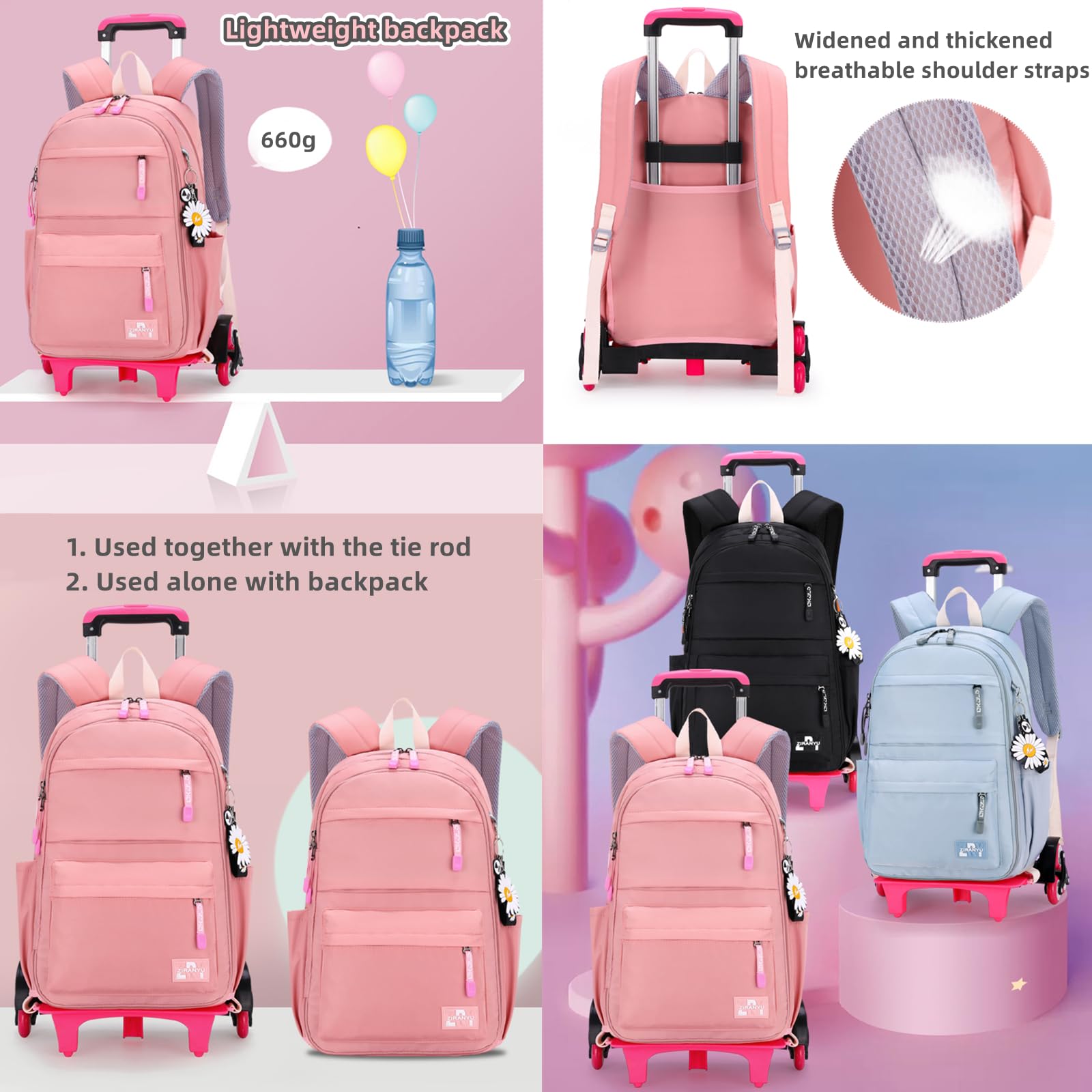 Rolling Backpack with Wheels for Kids - Pink School Travel Trolley Bag for Girls & Boys | Perfect for School, Travel, and Daily Commute