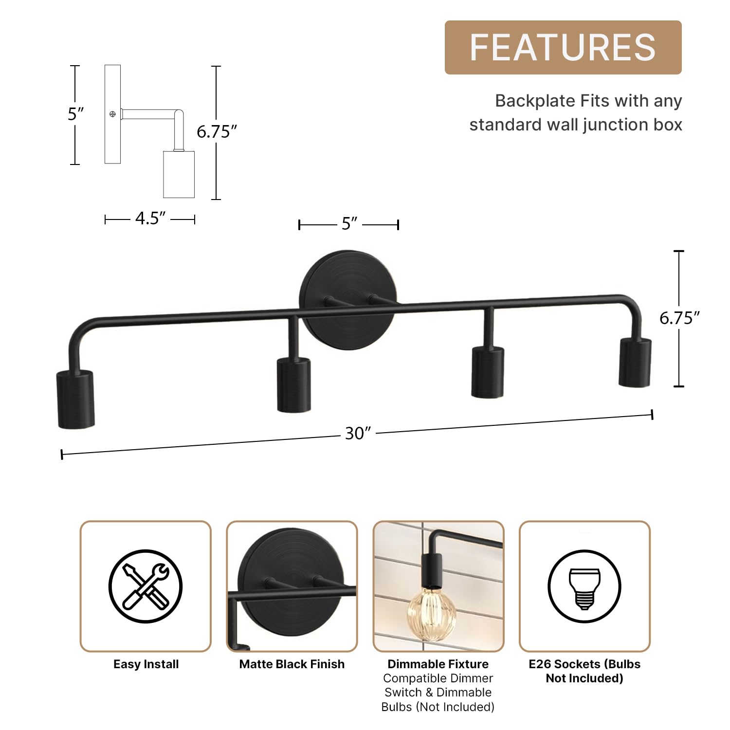 Modern 4-Light Bathroom Vanity Light Fixture - 30 Inch Matte Black with E26 Socket (60W, 120V) - No Bulbs Included - Farmhouse Style Mirror Lighting for Bathroom, Bedroom & Dressing Room Vanity Areas