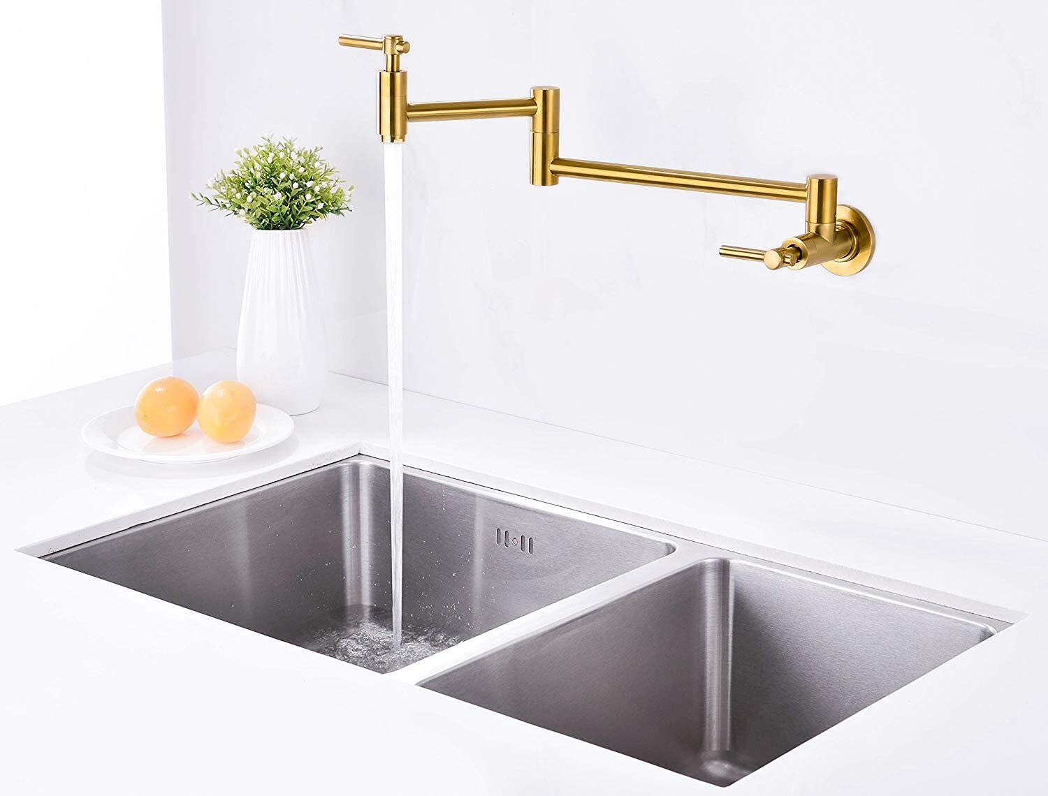 Wall Mount Gold Pot Filler Faucet - Lead-Free Brass, Swing Arm for Kitchen Sink