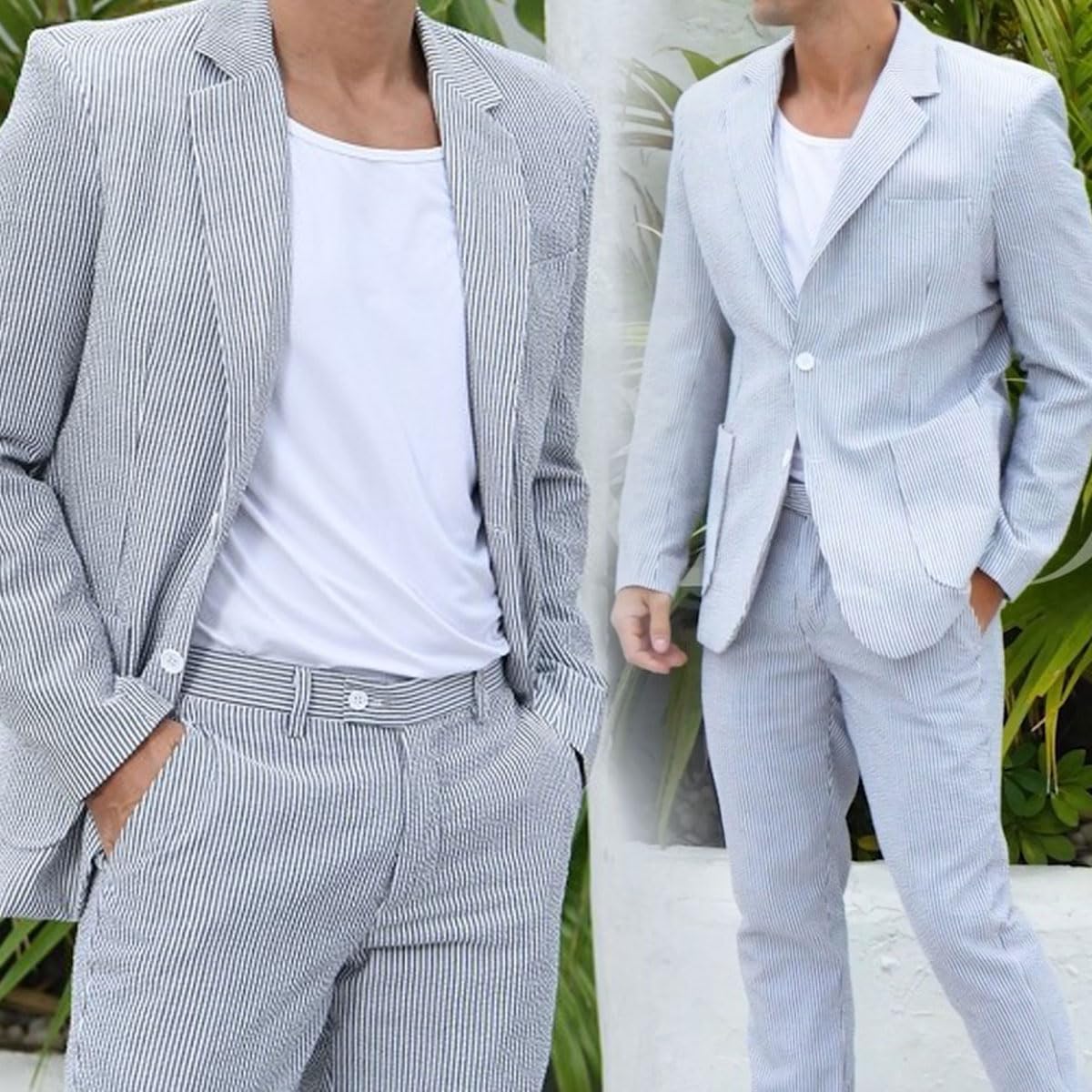 Men's 2-Piece Summer Seersucker Suit - Slim Fit Striped Blazer & Pants Set for Beach Weddings, Grooms, Outdoor Parties & Formal Events
