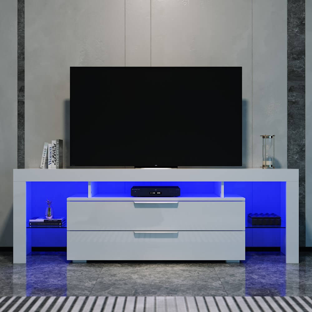 16 Colors 1600mm LED TV Stand with 2 Vertical Drawers - White Entertainment Storage Unit for Living Room, Bedroom & Home Theater Setup