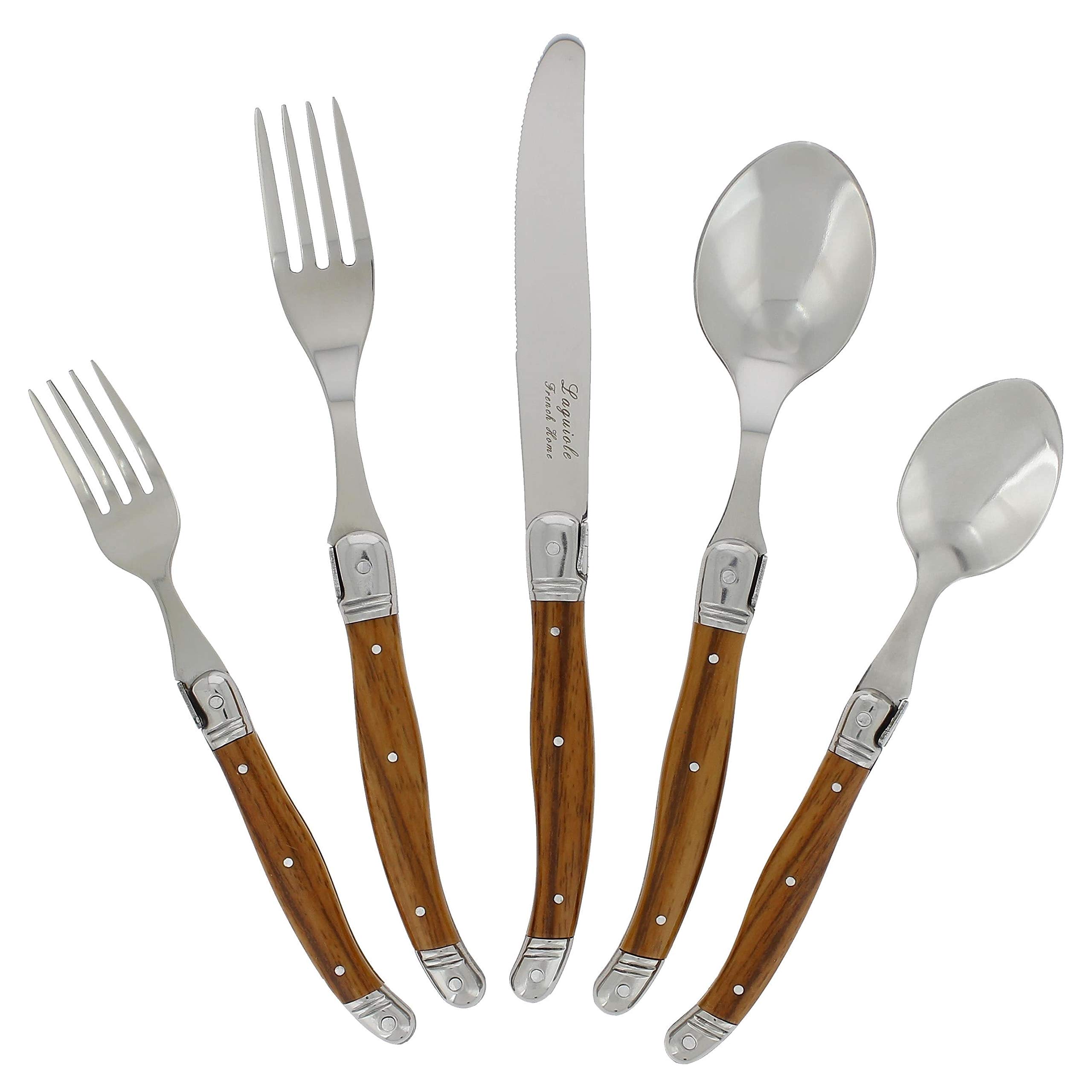 20-Piece Laguiole Stainless Steel Flatware Set with Wood Grain Handle - Elegant Cutlery for Fine Dining, Wedding Gifts & Home Entertaining