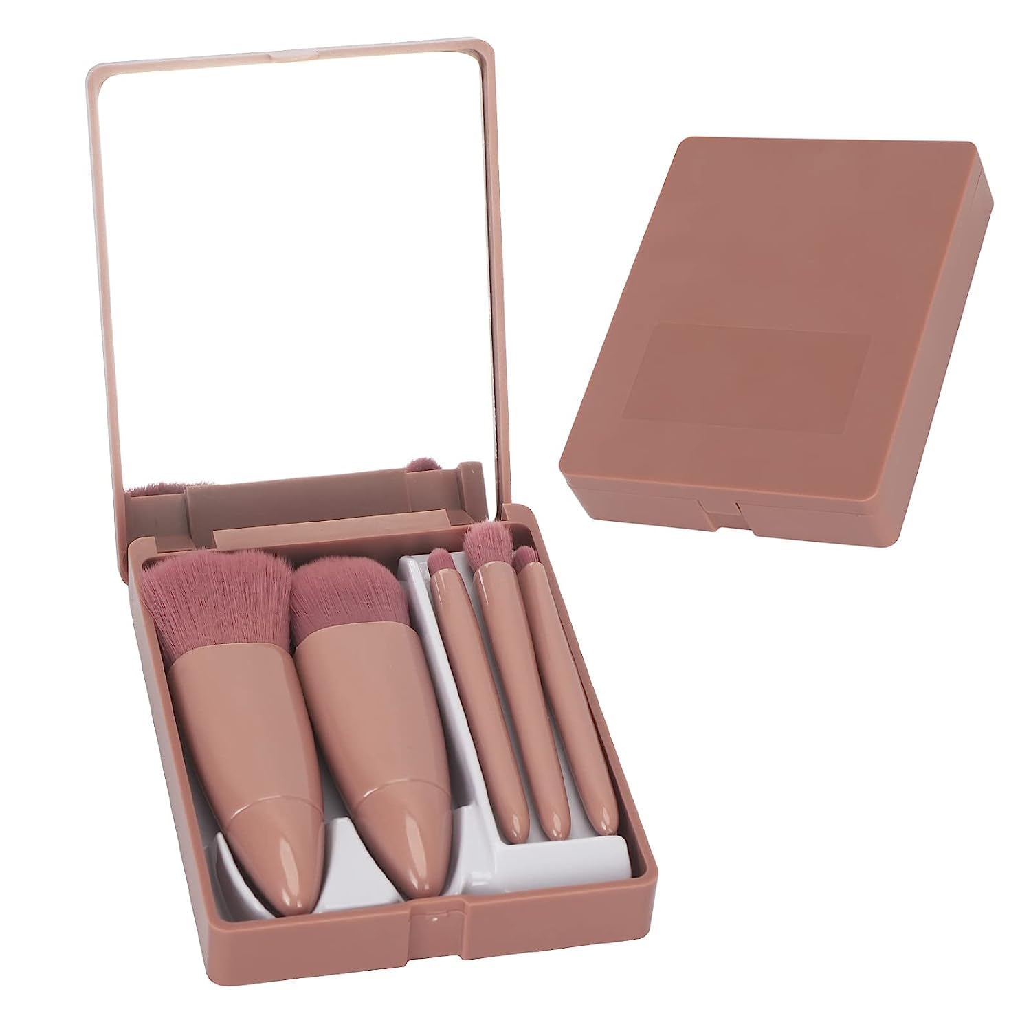 GOPAD 5-Piece Travel Makeup Brush Set with Mirror - Foundation Brush, Eyeshadow Brush, Blending Brush - Compact & Portable for On-the-Go Makeup (Pink, Small Plastic Case) - Perfect for Travel, Gym Bag, and Touch-ups
