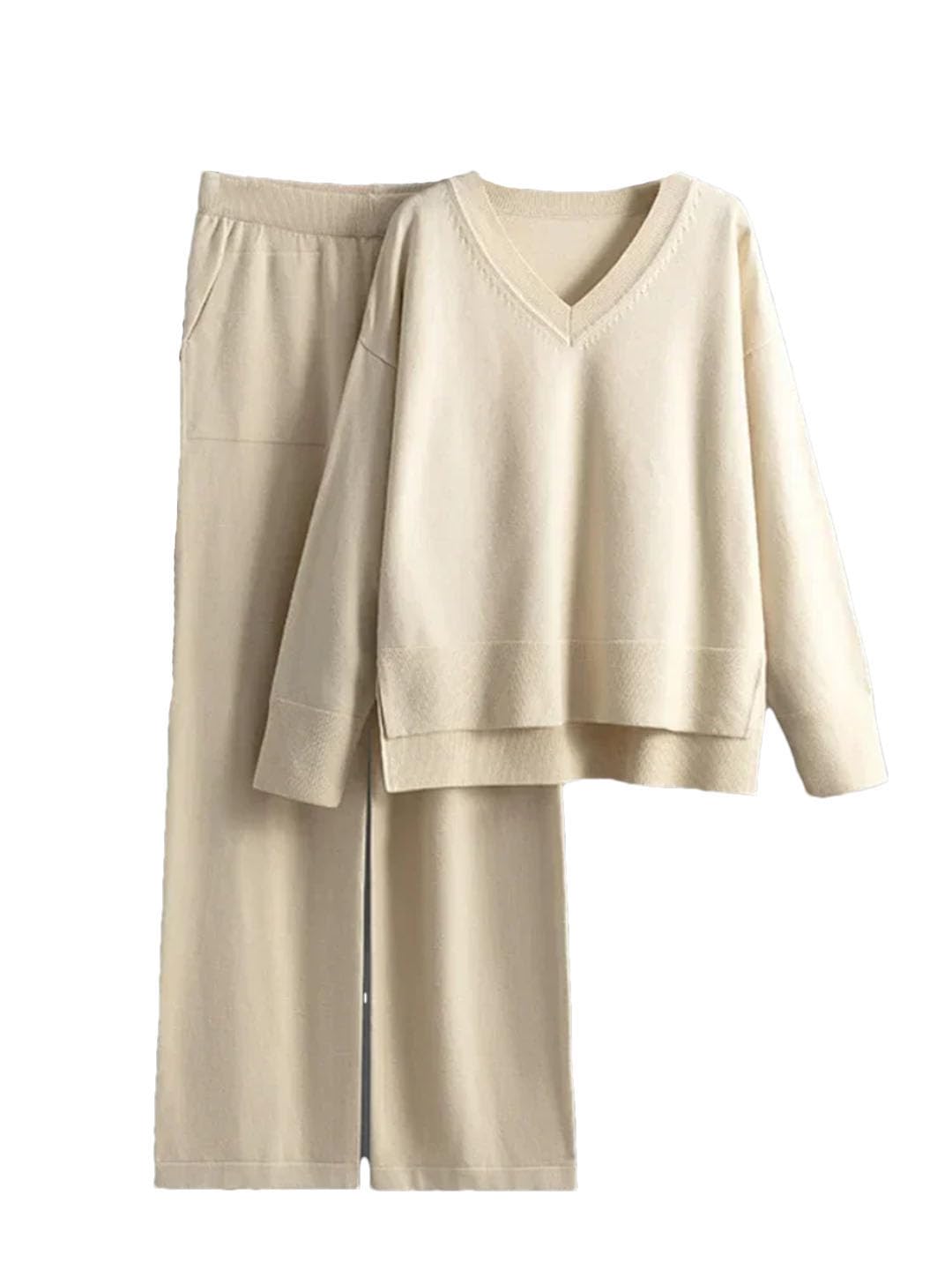 Women's Knitted Sweater 2-Piece Set - Winter Warm V-Neck Pullover & Straight Leg Jogging Pants Outfit | Cozy Lounge Wear for Home, Office & Casual Outings