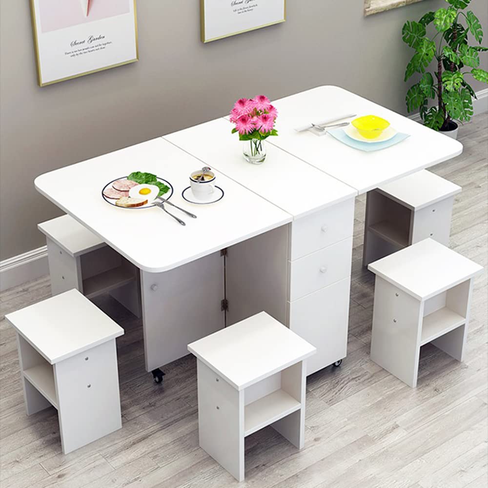 Modern Wood Pedestal Dining Table with Drop Leaf - Foldable Kitchen Table, White (55.1