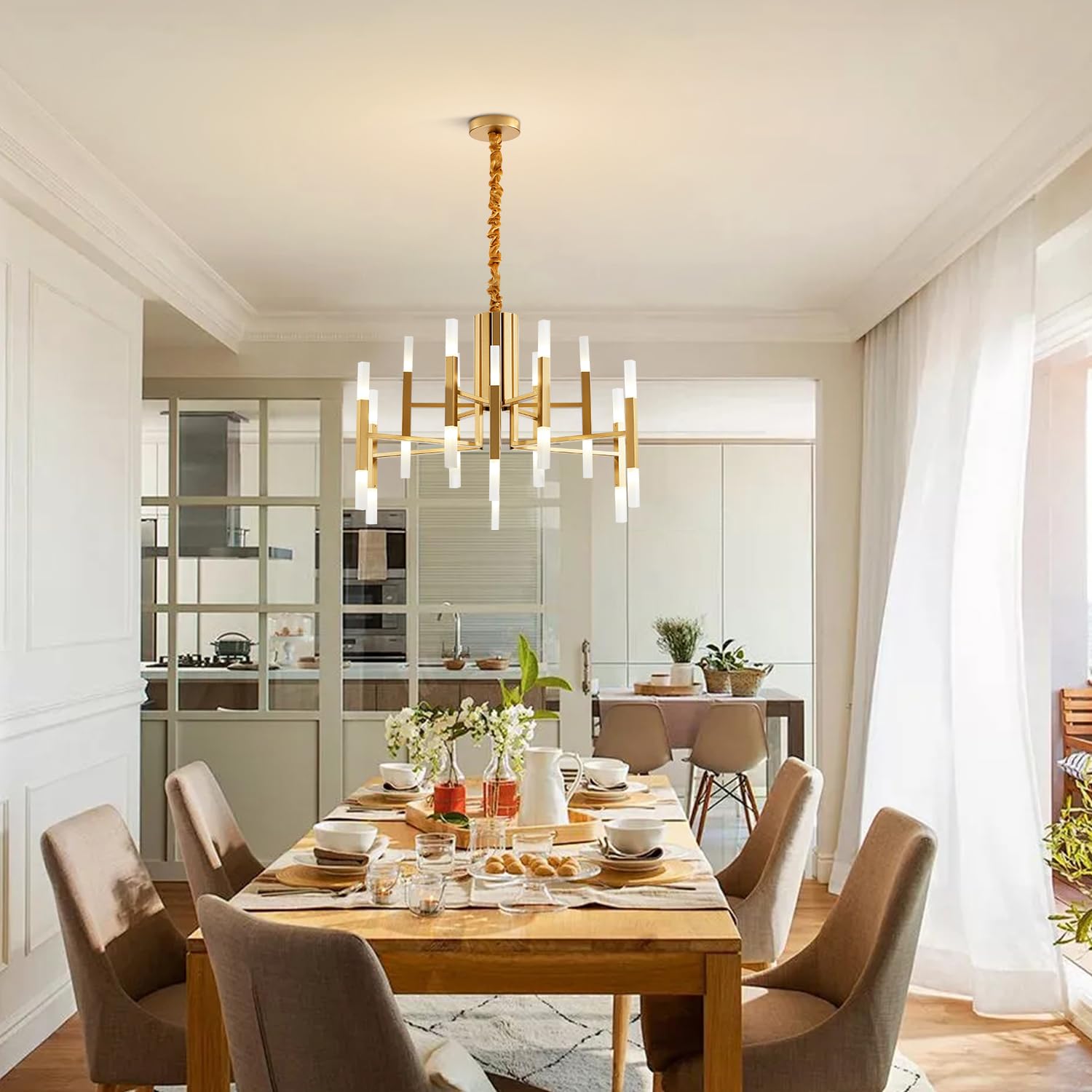 BOKT 24-Light Gold Sputnik Chandelier - Brushed Brass LED Ceiling Light Fixture, Adjustable Height Flush Mount Pendant Lamp for Kitchen Island, Living Room & Dining Room | Modern Lighting for Home Decor & Interior Design