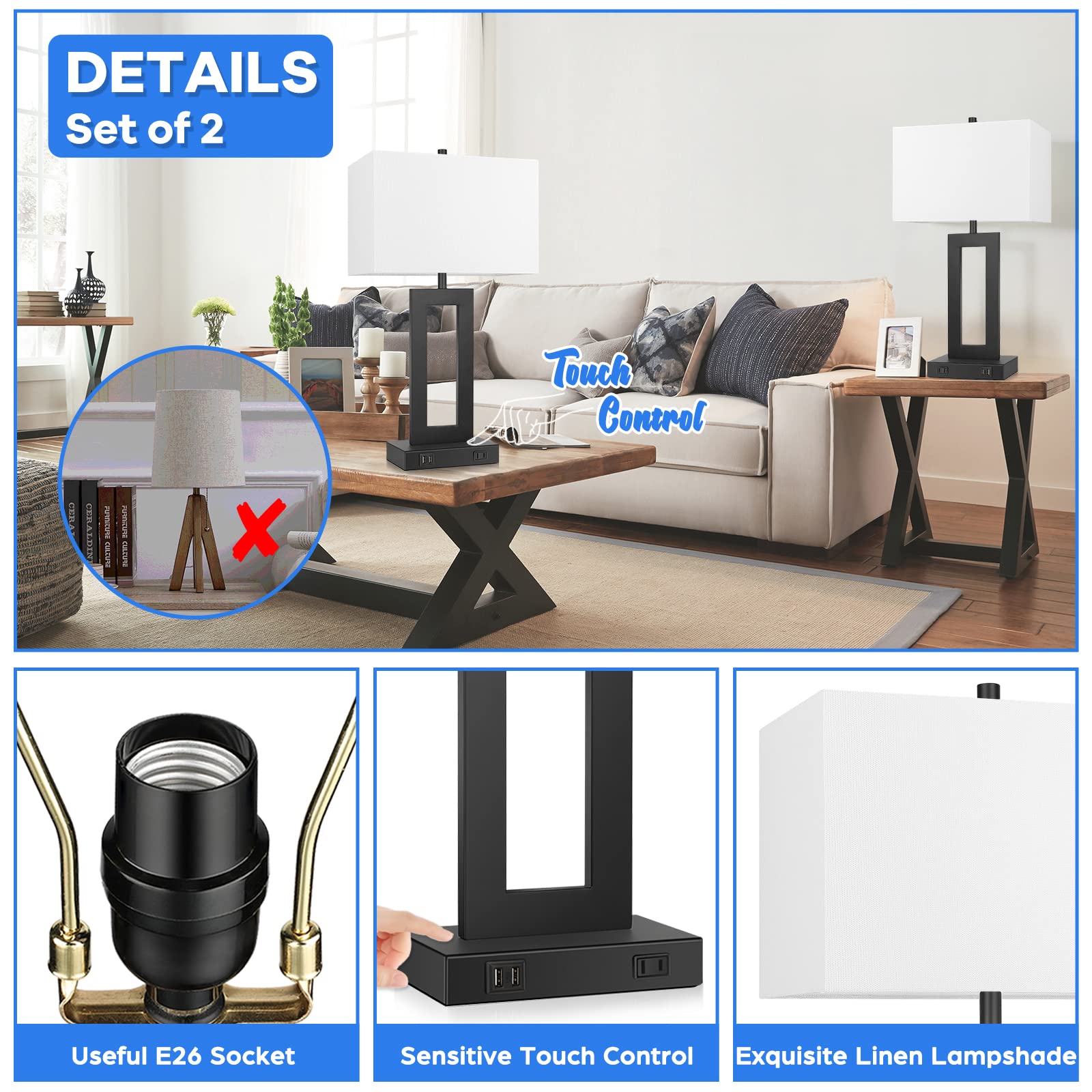Set of 2 Modern Touch Control Table Lamps with 2 USB Ports - 22’’ Large Bedside Nightstand Lamps, 3-Way Dimmable Desk Lamp with White Fabric Shade - Perfect for Bedrooms, Living Rooms & Reading - Includes 2 LED Bulbs - Ideal for Home Office, Dorm Room & Nighttime Reading