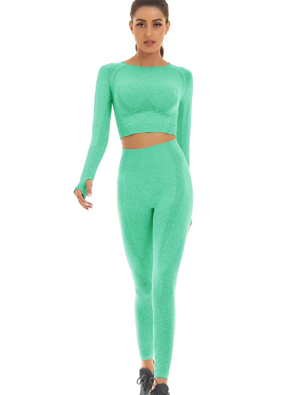 **Women's Seamless Workout Outfit - 2 Piece Athletic Set with High-Waisted Leggings & Long Sleeve Top | Gym, Yoga, Running, Fitness & Casual Wear**