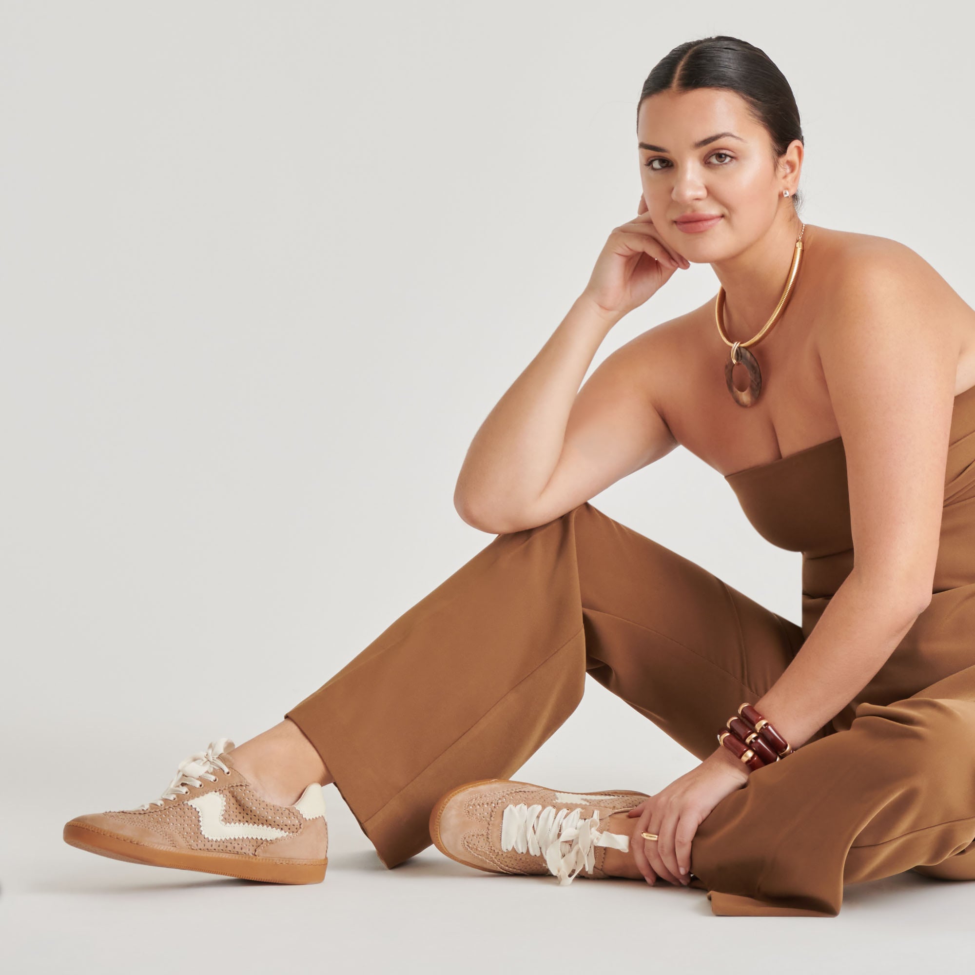 Notice Perforated Eyelet Sneakers in Camel Suede - Comfortable & Stylish Casual Shoes for Women, Perfect for Walking, Work & Everyday Wear