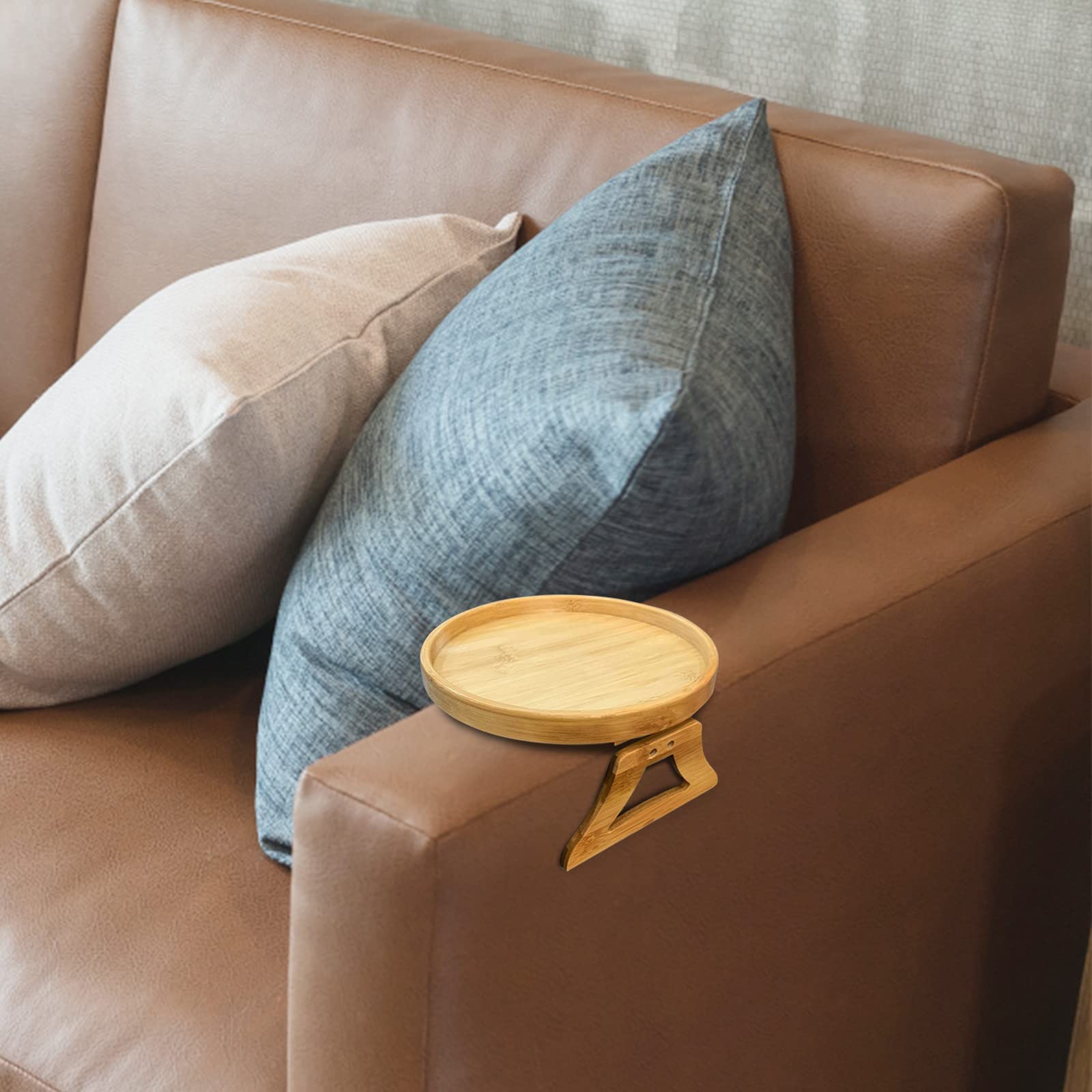 SAHLA Foldable Clip-On Sofa Armrest Tray - 9.8 Inch Round Wooden Side Table for Wide Couches - Holds Remote Controls, Drinks & Game Controllers - Perfect for Movie Nights, Gaming & Relaxing in Living Room