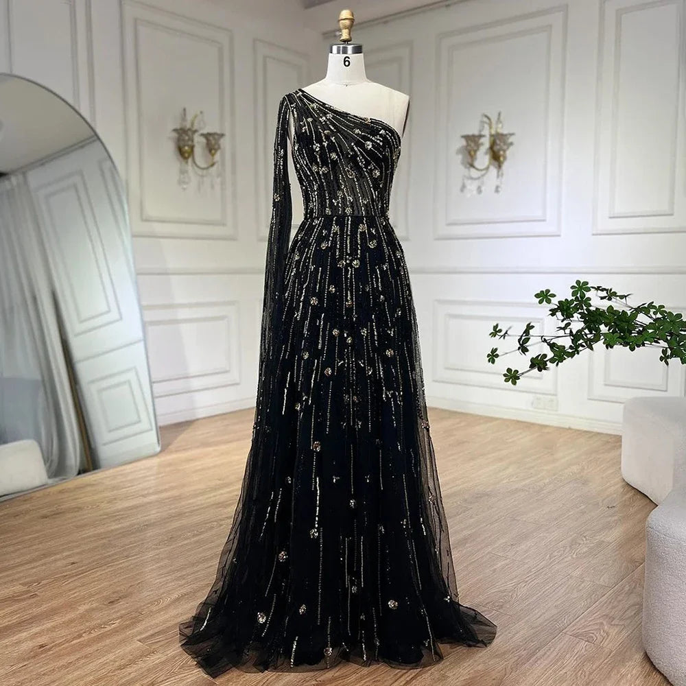 Elegant Turquoise Beaded One Shoulder Evening Gown with Cape Sleeves - LA72503 | Perfect for Prom, Gala & Formal Events