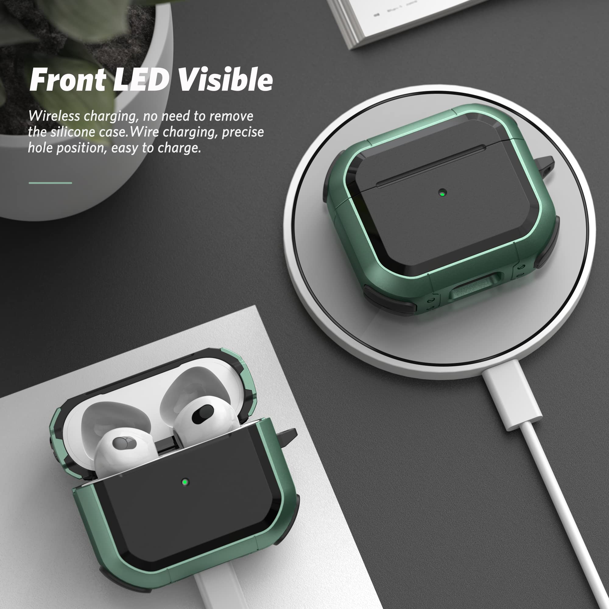 SURPHY Rugged Protective Case for AirPods 3 (2021) - Shockproof Full-Body Cover with Keychain & Visible LED - Compatible with AirPods 3rd Generation - Green - Perfect for Outdoor, Travel & Daily Use