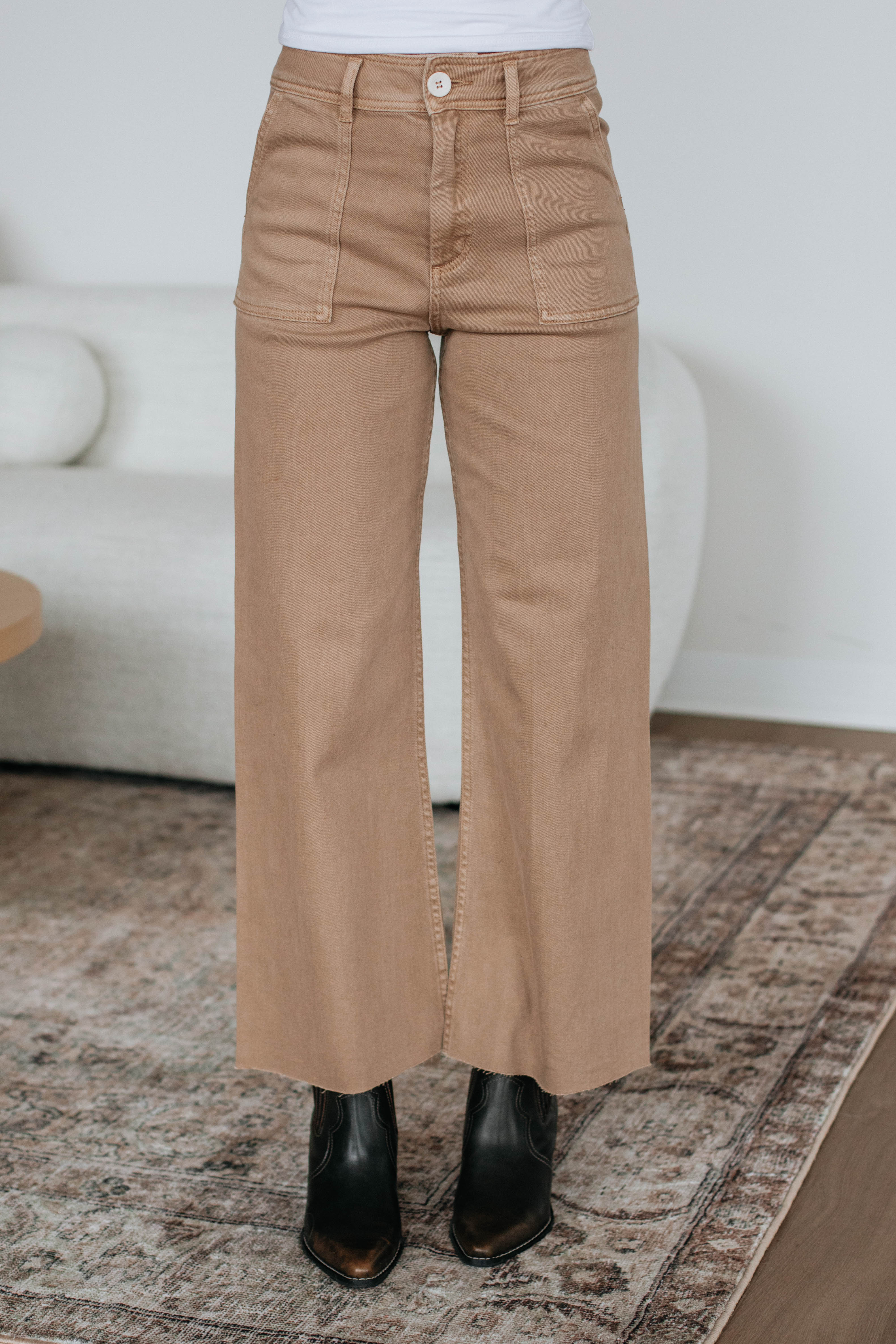Chasity Wide Leg Pants for Women - High Waisted Linen Trousers in Khaki - Comfortable & Stylish for Office, Travel & Casual Wear