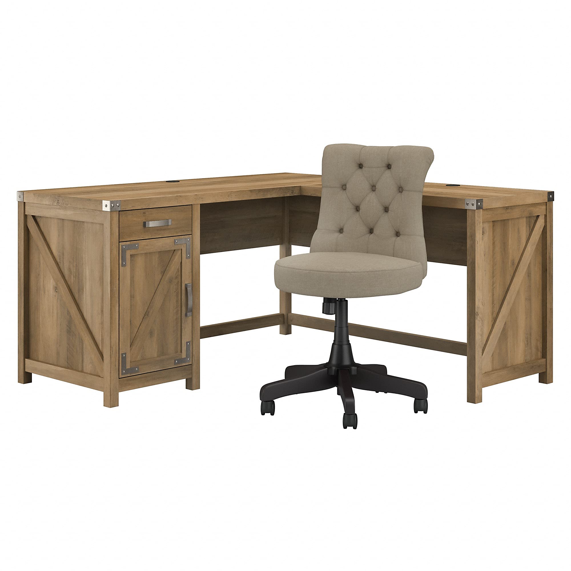 Bush Furniture Cottage Grove L-Shaped Desk with Chair Set - 60W Reclaimed Pine Wood Home Office Desk for Small Spaces, Gaming & Study