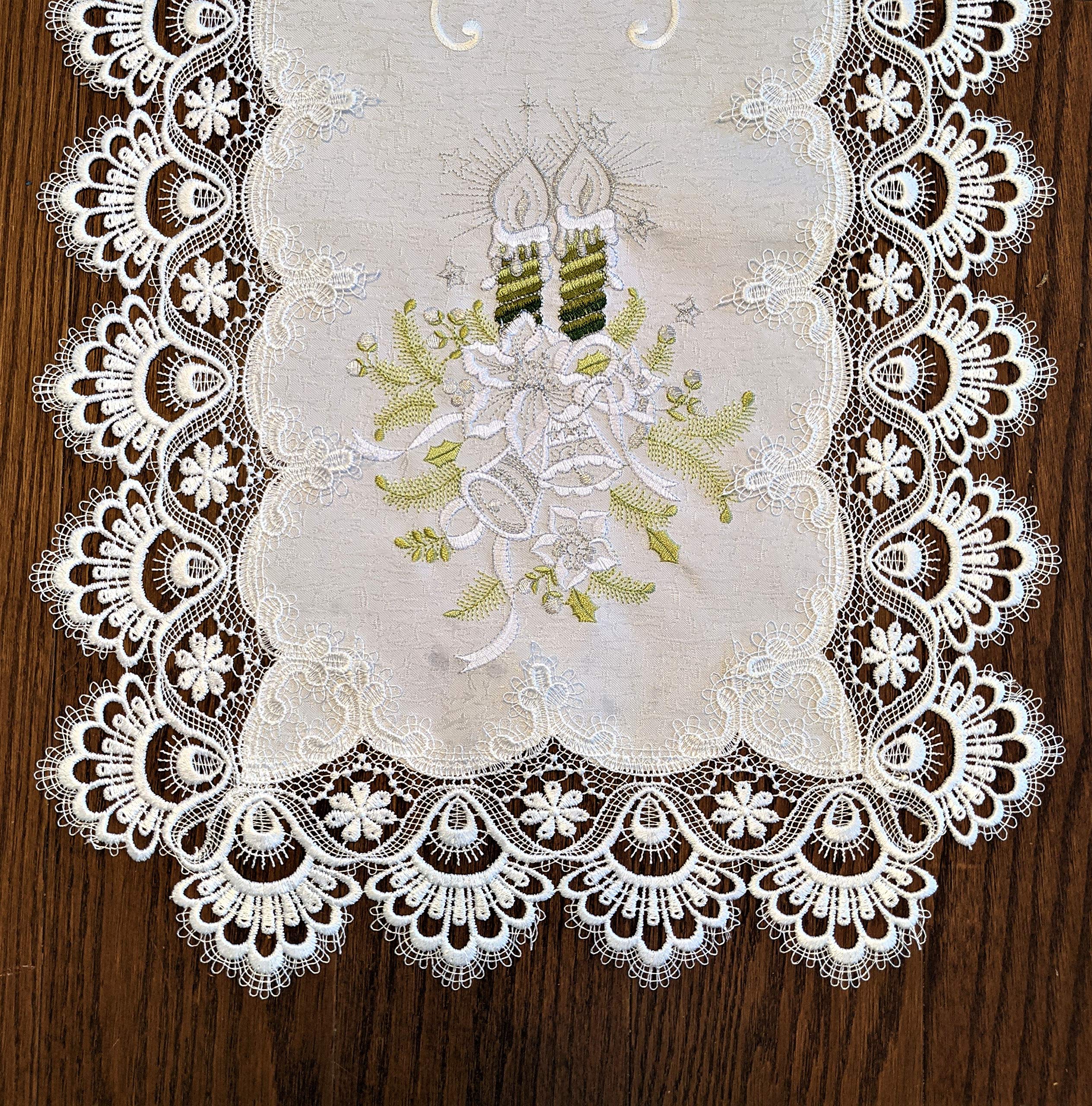 Antique White Christmas Table Runner with Green Candles & Lace - 35 x 16 Inch Holiday Dining Decor for Festive Parties & Cozy Family Dinners
