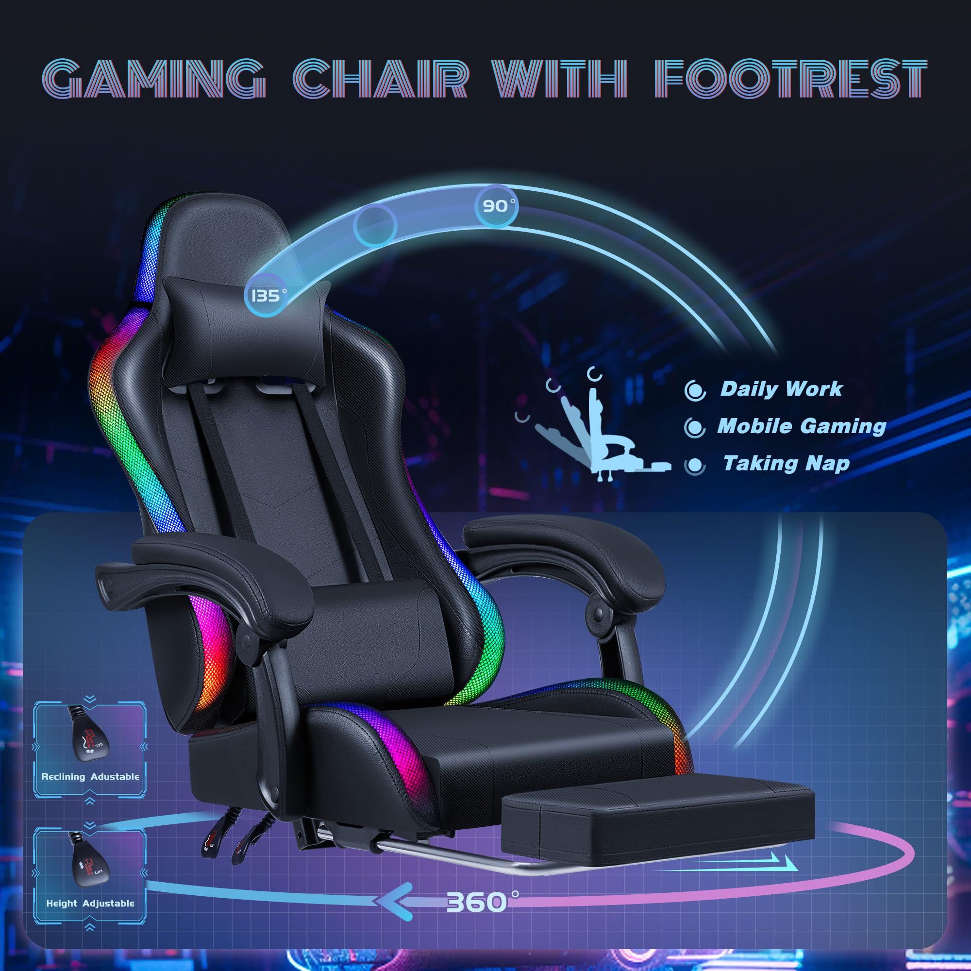 Furmax Ergonomic Gaming Chair with RGB LED Lights, Massage & Footrest - High Back Reclining Computer Chair with Headrest & Lumbar Support - Swivel Gamer Chair for PC, Console & Office (LED Black) - Perfect for Esports, Streaming & Long Gaming Sessions