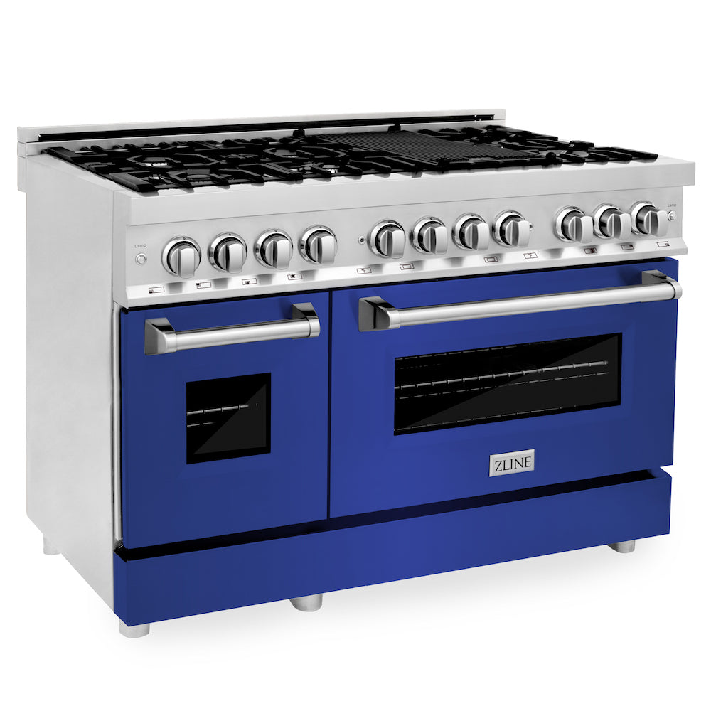 ZLINE 48-inch 6.0 cu. ft. Dual Fuel Range with 7-Burner Gas Cooktop & 2 Electric Ovens - Stainless Steel with Blue Matte Doors (RA BM 48) | Professional Kitchen Appliance for Home Chefs & Cooking Enthusiasts