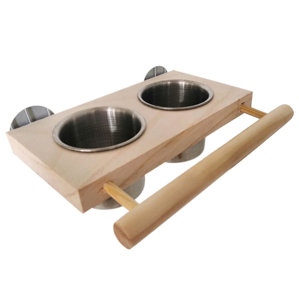 **WIONC 2-in-1 Stainless Steel Bird Perch Feeder with Wood Stand - Food & Water Bowls for Small & Medium Birds - Perfect for Cages, Aviaries & Outdoor Use**