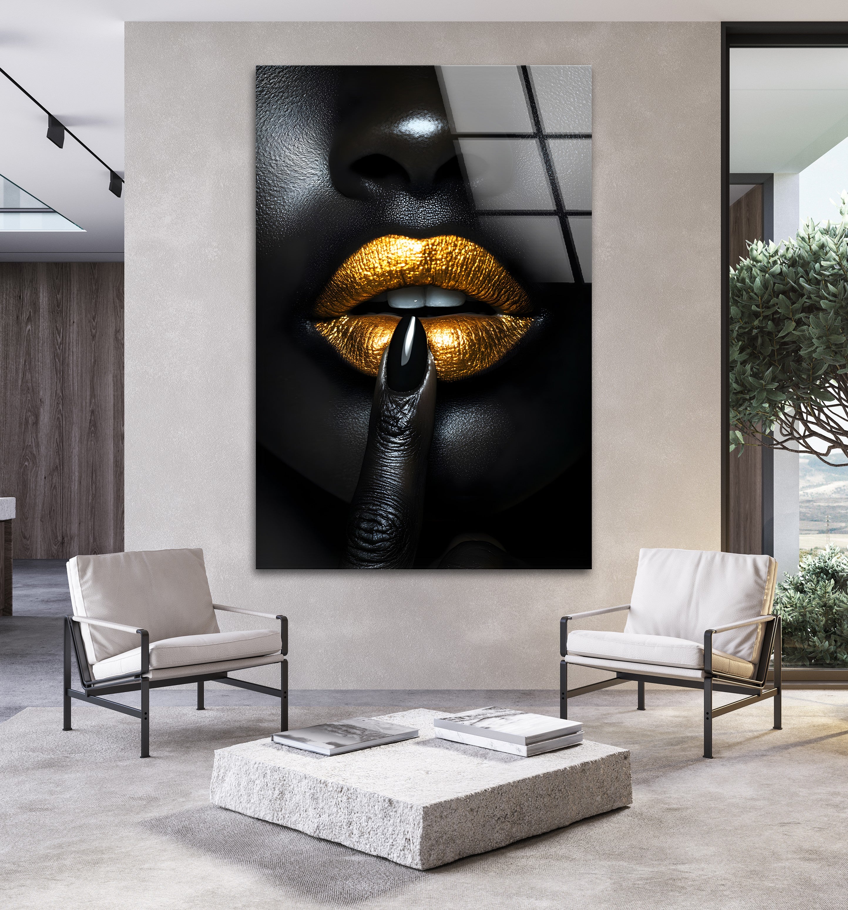 Black and Gold Lips Wall Art - Bold & Striking Glass Wall Decor for Living Room, Bedroom & Office | Modern Home Decor & Unique Gift Idea