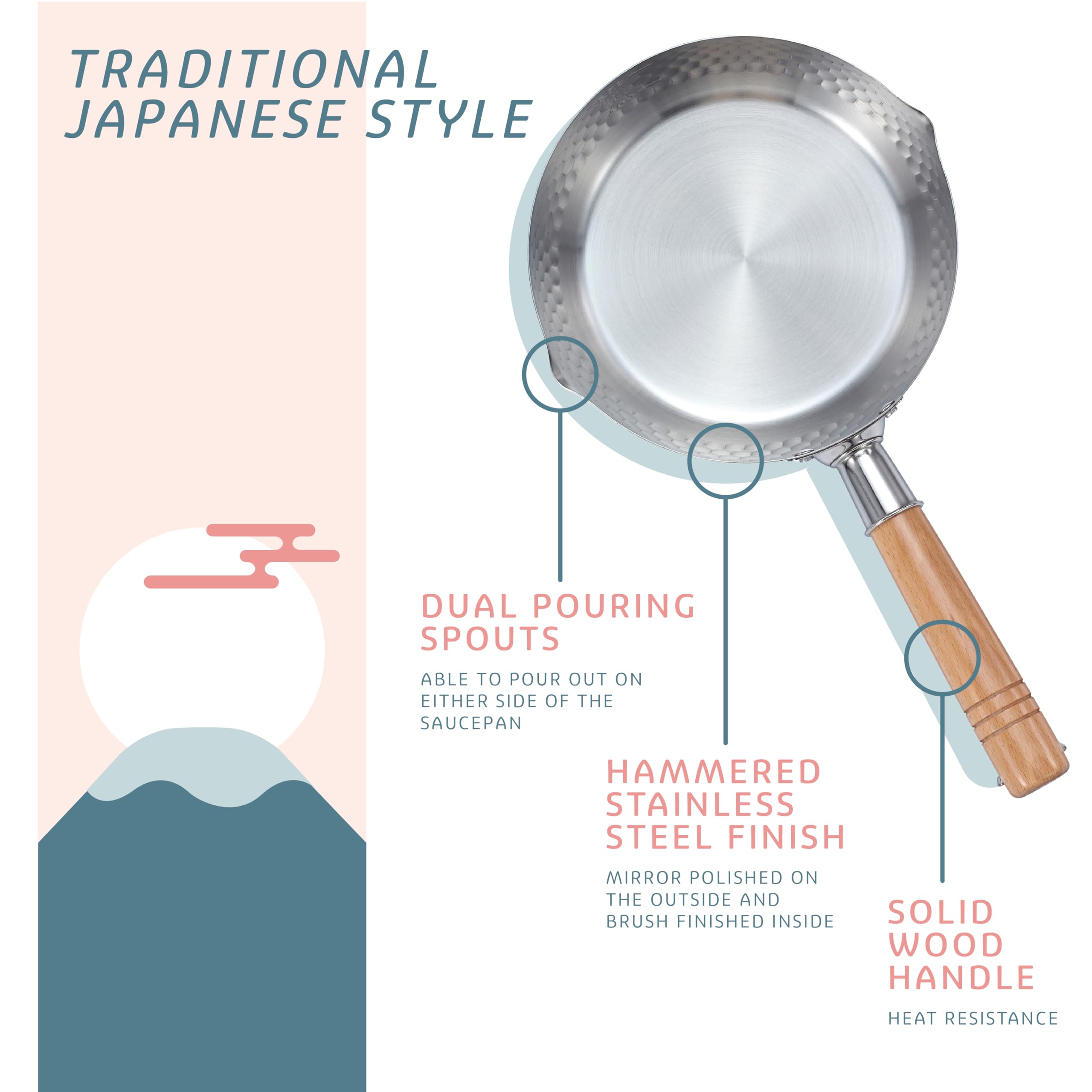 CONCORD 2 Quart Stainless Steel Yukihira Pan - Traditional Japanese Saucepan with Wooden Handle for Ramen, Tempura & Milk - Perfect for Home Cooking, Restaurant Use & Japanese Cuisine Preparation