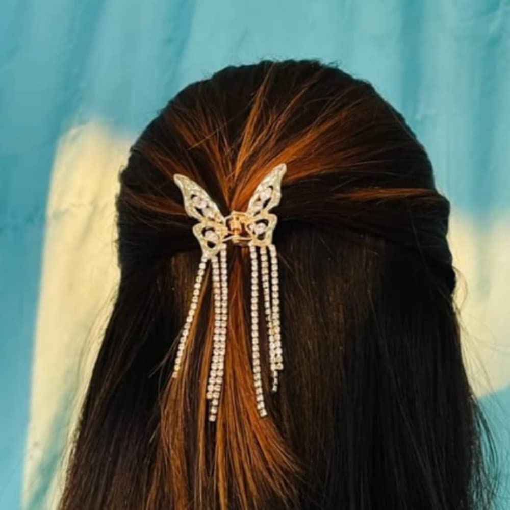 RSJ TRADERS - Rhinestone Hair Clips for Women & Girls | Elegant Butterfly Hair Clutcher with Wedding Tassel | Metal Hair Accessories for Parties, Prom, Bridal & Daily Use