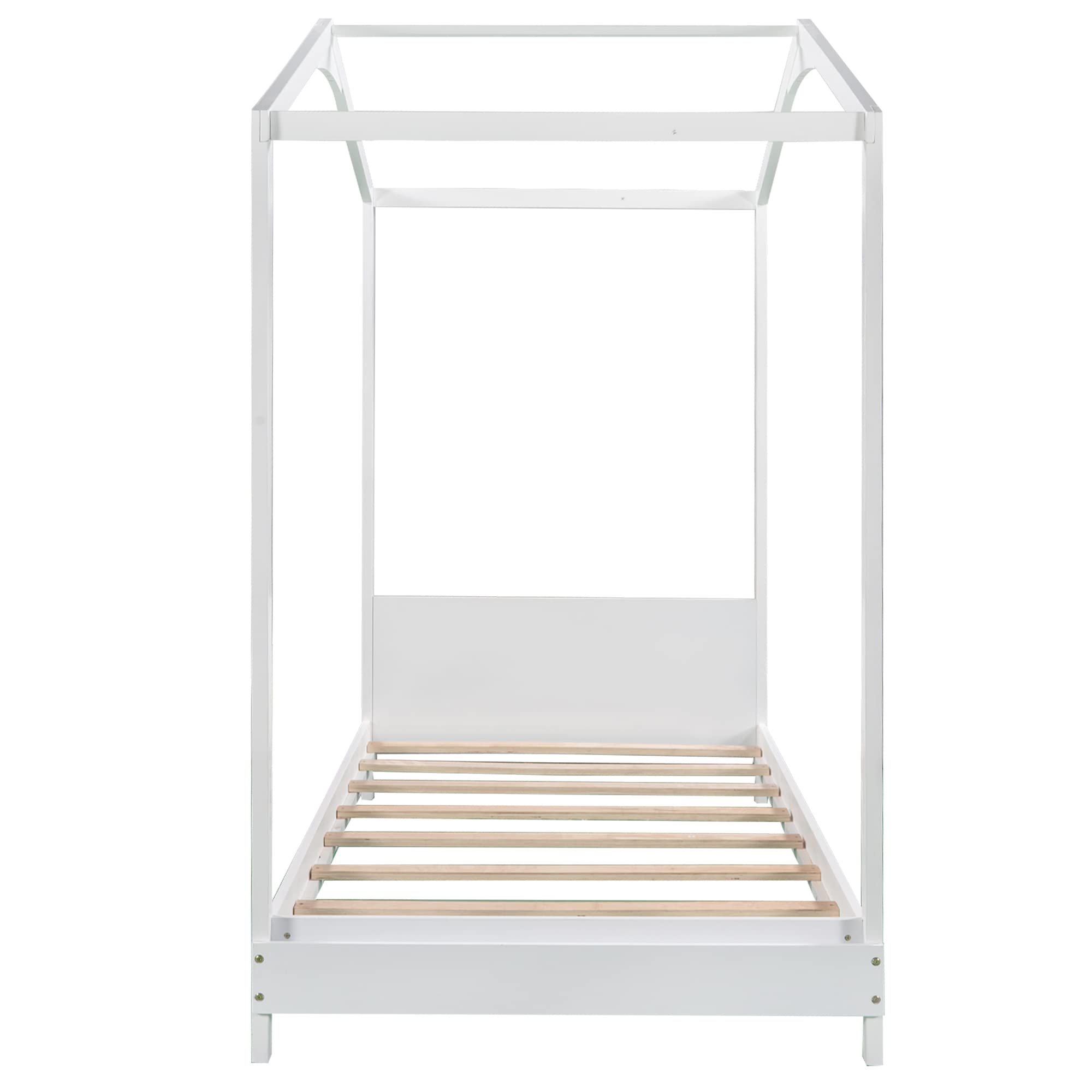 Twin House Bed for Kids - Wooden Low Platform Bed Frame with Headboard & Storage Footboard, No Box Spring Needed - DIY Decor Friendly - Perfect for Kids' Bedroom, Playroom or Nursery (White)