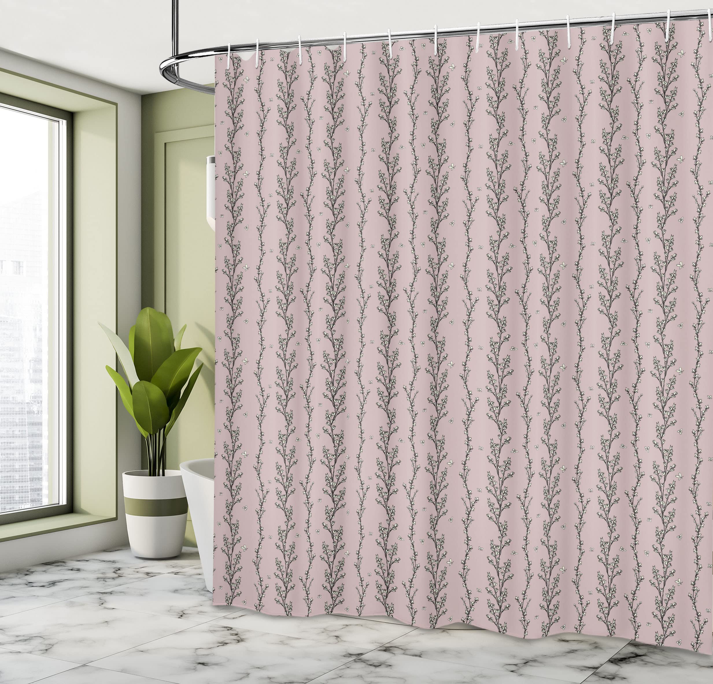 Ambesonne Floral Shower Curtain - Waterproof Fabric Bathroom Decor with Hooks, 69x70 Inches, Pale Grey & Charcoal Grey - Elegant Budding Flowers Design for Modern Bathrooms, Perfect for Home Spa & Relaxation