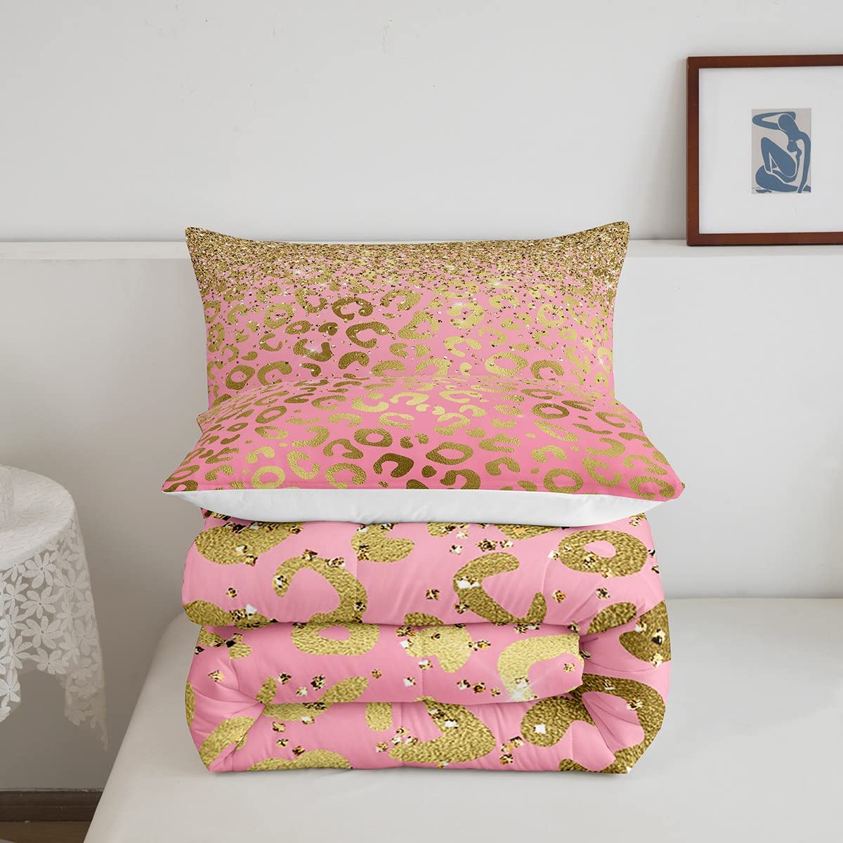 Leopard Print Comforter Set Twin Size - Glitter Bedding Set 2pc for Kids, Teens & Women - Cheetah Animal Print Duvet Cover with Pink Gold Pillowcase - Perfect for Girls' Room Decor & Wild Animal Themed Bedrooms