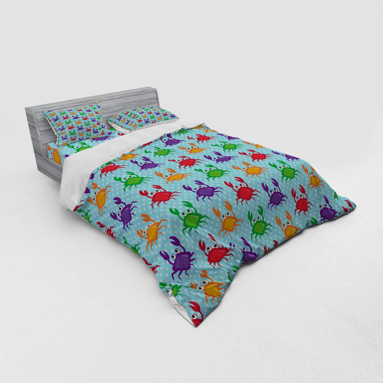 Ambesonne Crabs 4-Piece Queen Size Bedding Set - Cartoon Art Style Blue Crab & Bubbles Print Duvet Cover with Shams & Fitted Sheet - Coastal Beach Theme Bedroom Decor for Kids & Adults