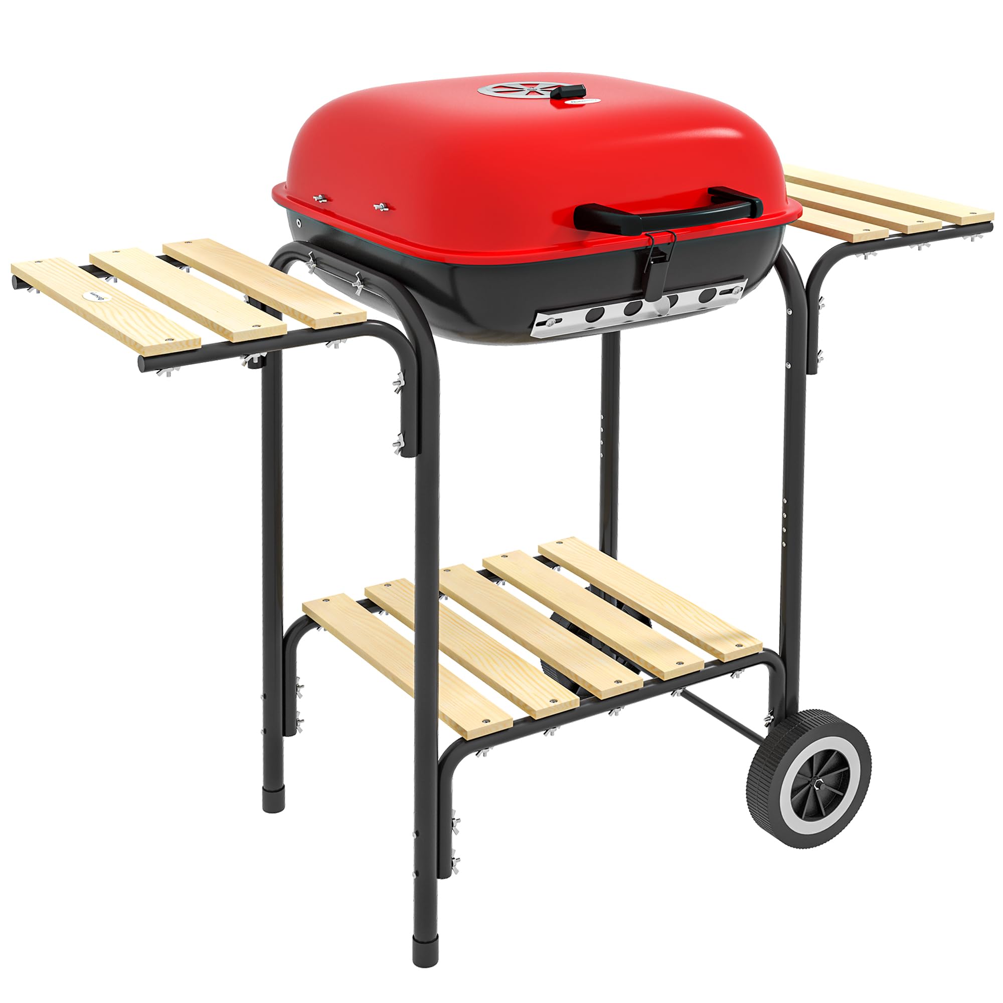 Outsunny 17 Inch Portable Charcoal Grill with Wheels, 2 Side Tables & Bottom Shelf - Adjustable Vents BBQ for Picnic, Camping, Backyard Cooking (Red) | Perfect for Outdoor Grilling, Tailgating & Family Gatherings