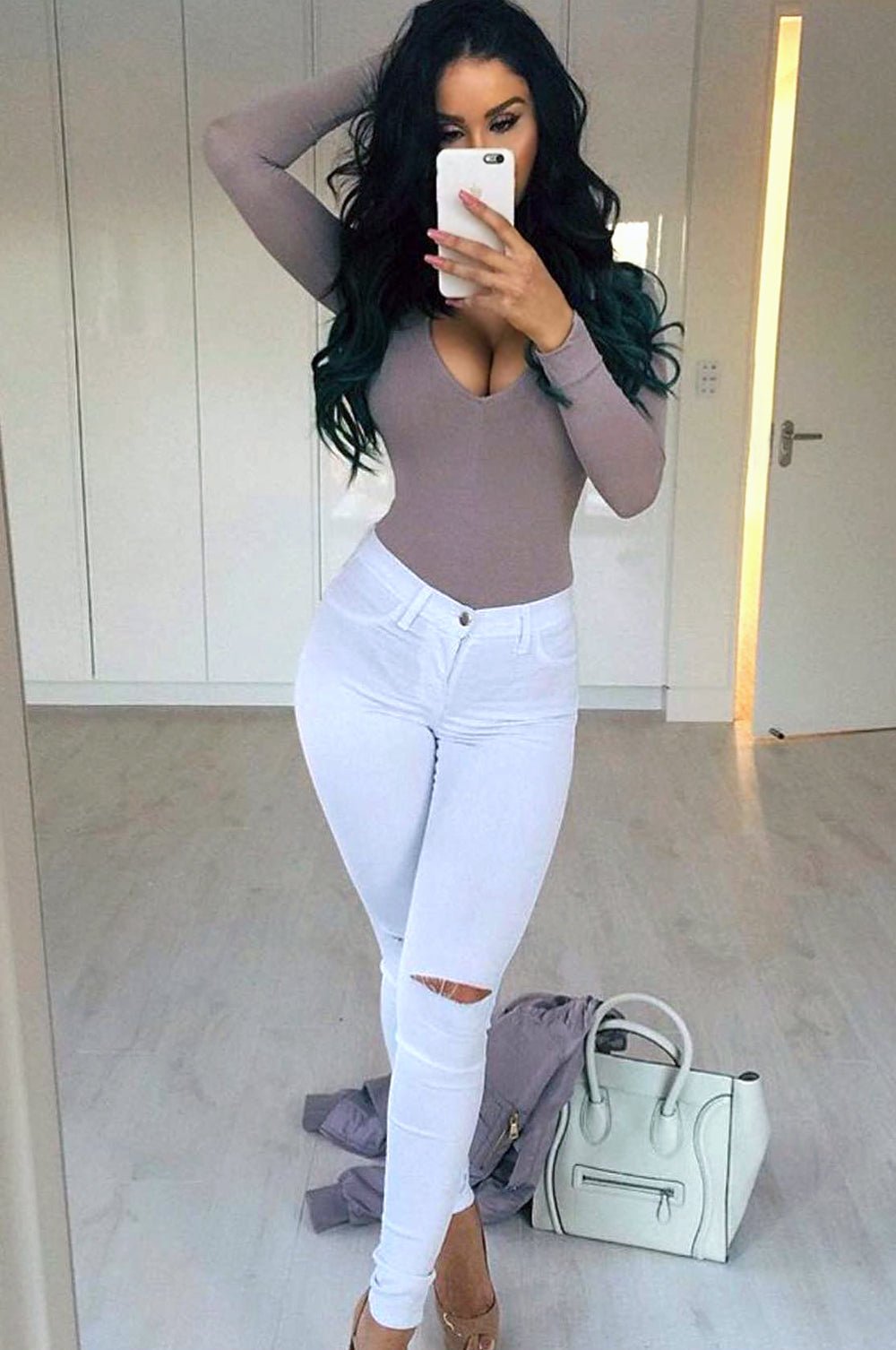 Women's White Ripped Knee High Waist Skinny Jeans - Trendy Stretch Denim Pants for Casual Outfits & Streetwear Fashion