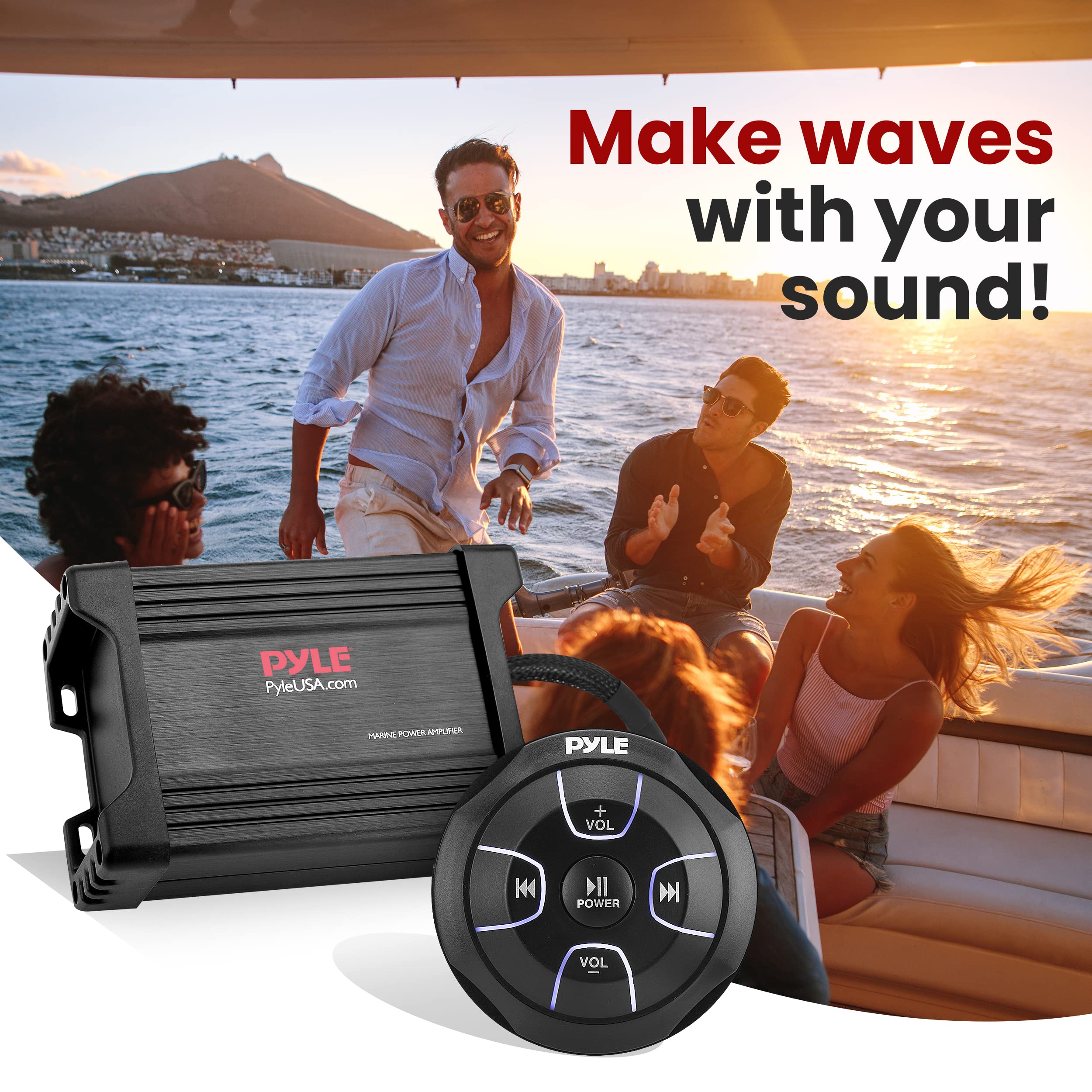 Pyle Waterproof Bluetooth Marine Amplifier Receiver - 600W 2 Channel Weatherproof Wireless Stereo Speaker Amp with RCA, AUX & MP3 Inputs - Ideal for Boats, Outdoor Events & Marine Audio Systems (Black)