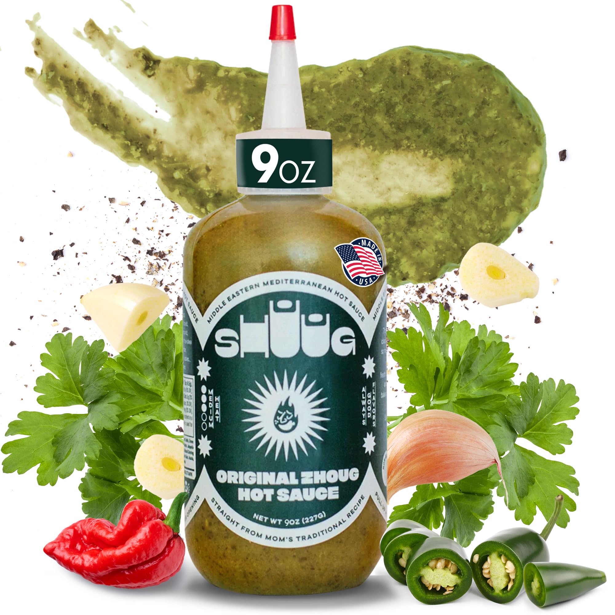 Organic Mediterranean Green Hot Sauce (Zhoug) 9oz - Vegan, Non-GMO, Kosher | Spicy Sauce with Cilantro, Garlic, Jalapeno, Poblano & Scotch Bonnet Peppers | Perfect for Tacos, Grilled Meats & Mediterranean Dishes