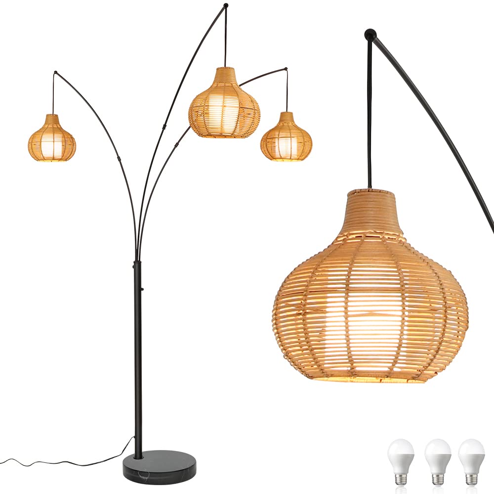 Depuley 3-Light LED Arc Floor Lamp - Adjustable Modern Standing Reading Light with Bamboo Shade & Marble Base, Rattan Tall Lamp for Living Room, Bedroom, Office - E26 Bulbs Included - Perfect for Cozy Reading Nooks, Modern Home Decor & Workspace Lighting