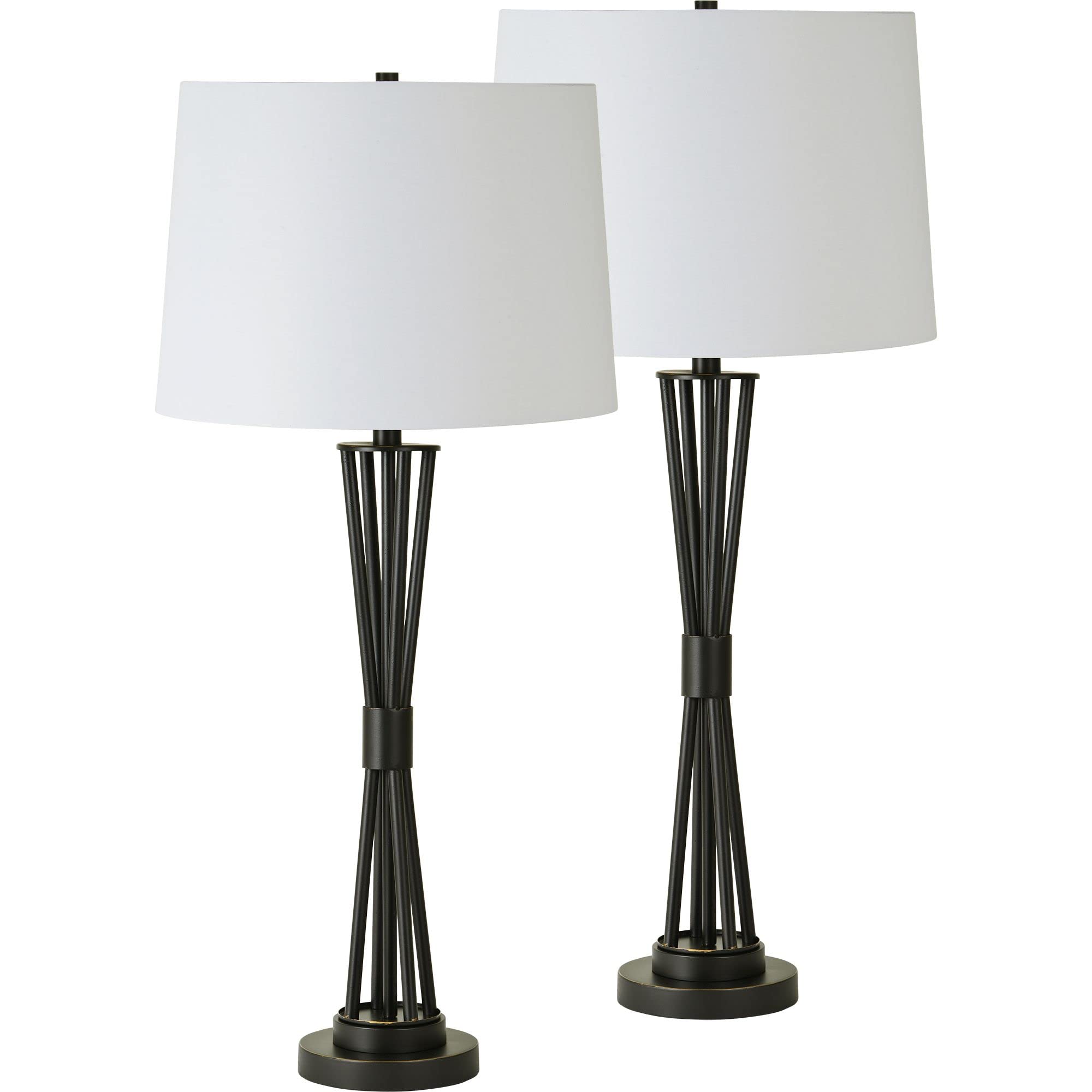 Set of 2 Modern Black and Bronze Twist Table Lamps with White Drum Shade - 35.5