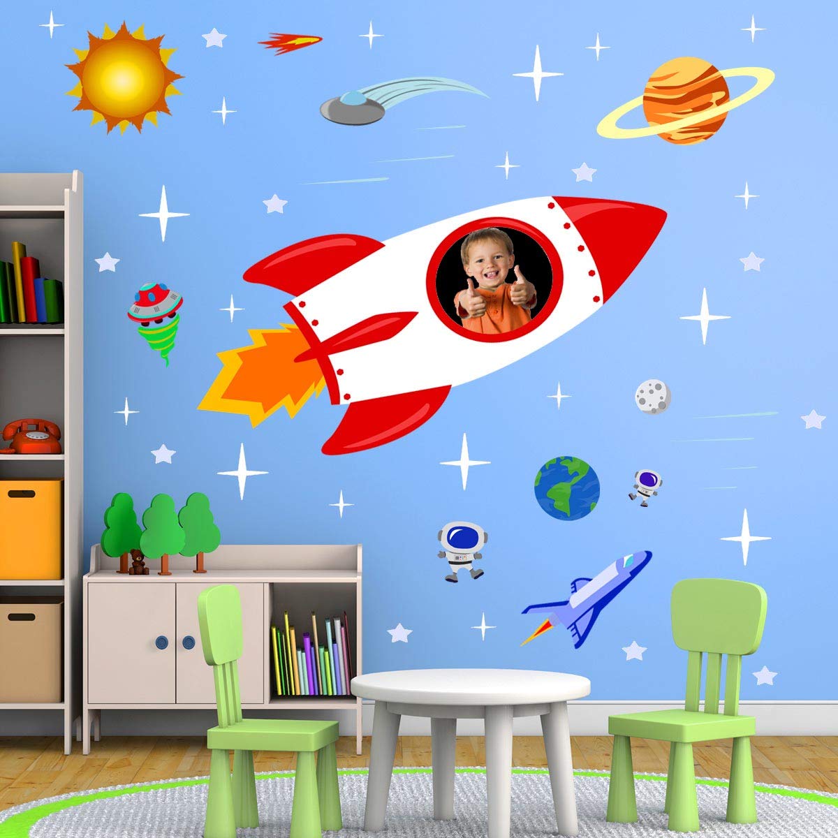 Custom Kids Peel and Stick Outer Space Wall Decals - Personalized Photo Upload - Galaxy Planets Stickers Set (46 PCS) - Perfect for Nursery, Bedroom & Playroom Decor