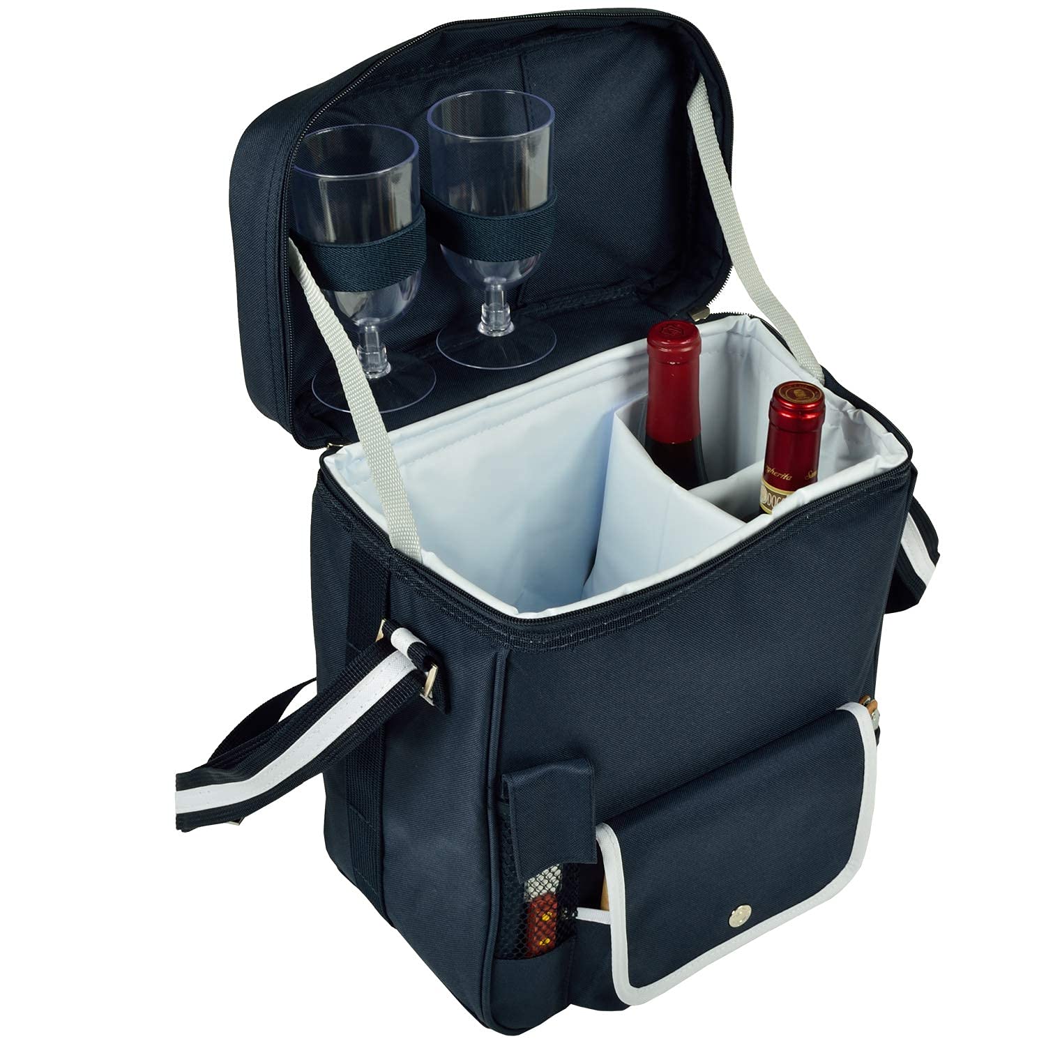 Premium Wine and Cheese Picnic Basket Set with Hardwood Cutting Board, Cheese Knife & Corkscrew - Navy Blue Cooler for Outdoor Picnics, Beach Trips and Romantic Dates