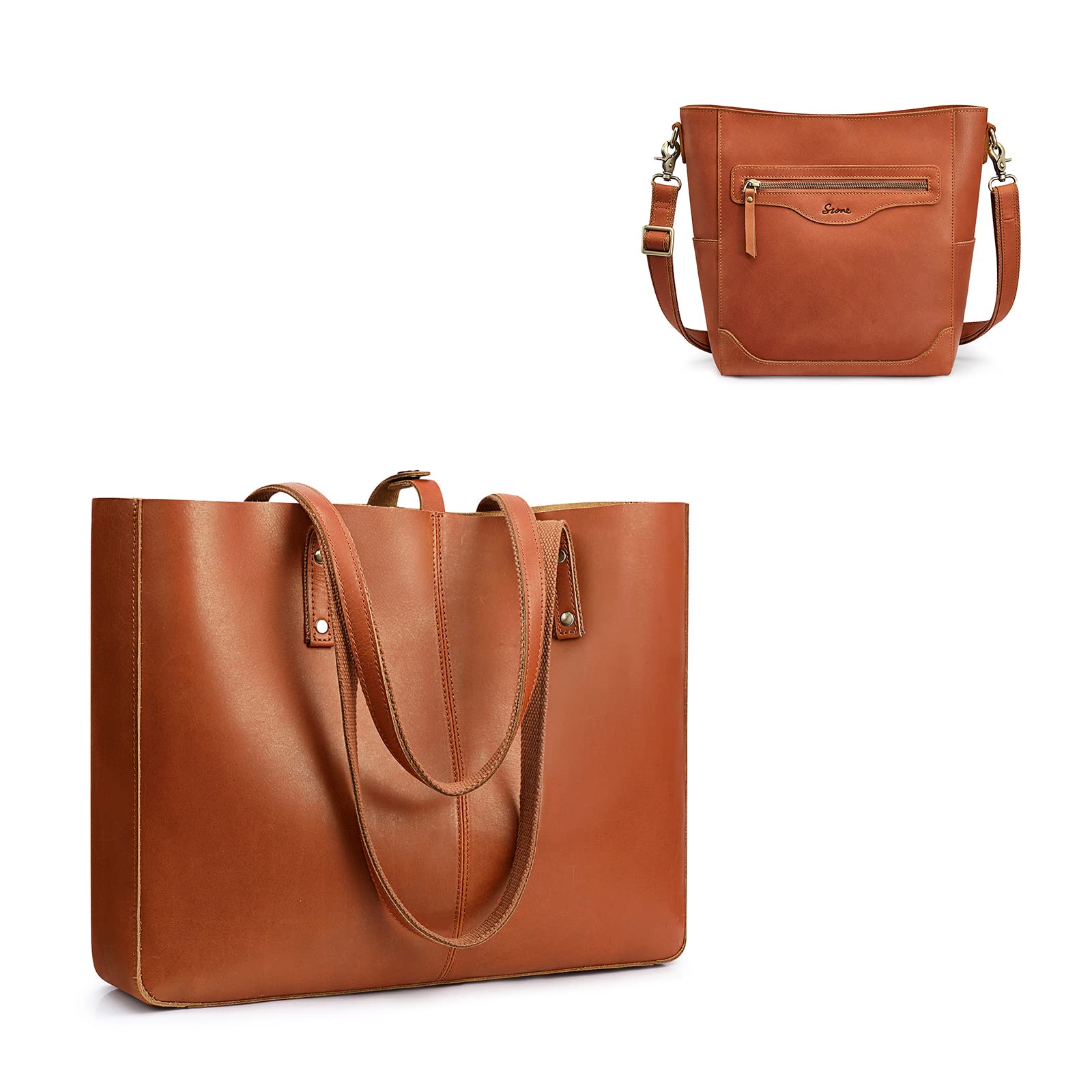 S-ZONE Women's Genuine Leather Tote Bag with Canvas Pouch & Crossbody Bucket Purse Set - Stylish Handbag for Work, Travel and Everyday Use