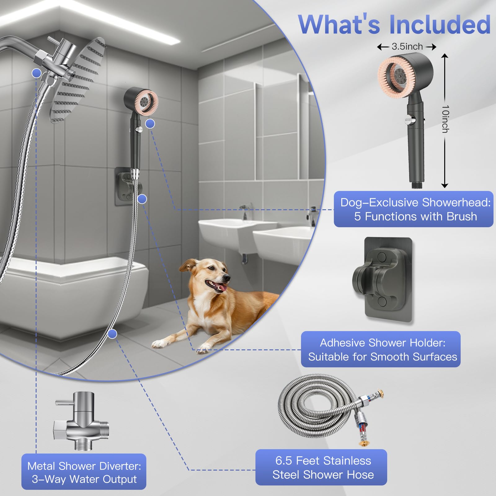 Soft Brush Dog Shower Head Attachment with ON/OFF Button - 5 Spray Modes, Metal Diverter, 6.5ft Stainless Steel Hose & Adhesive Shower Holder - Perfect for Bathing Pets Indoors & Grooming Dogs at Home