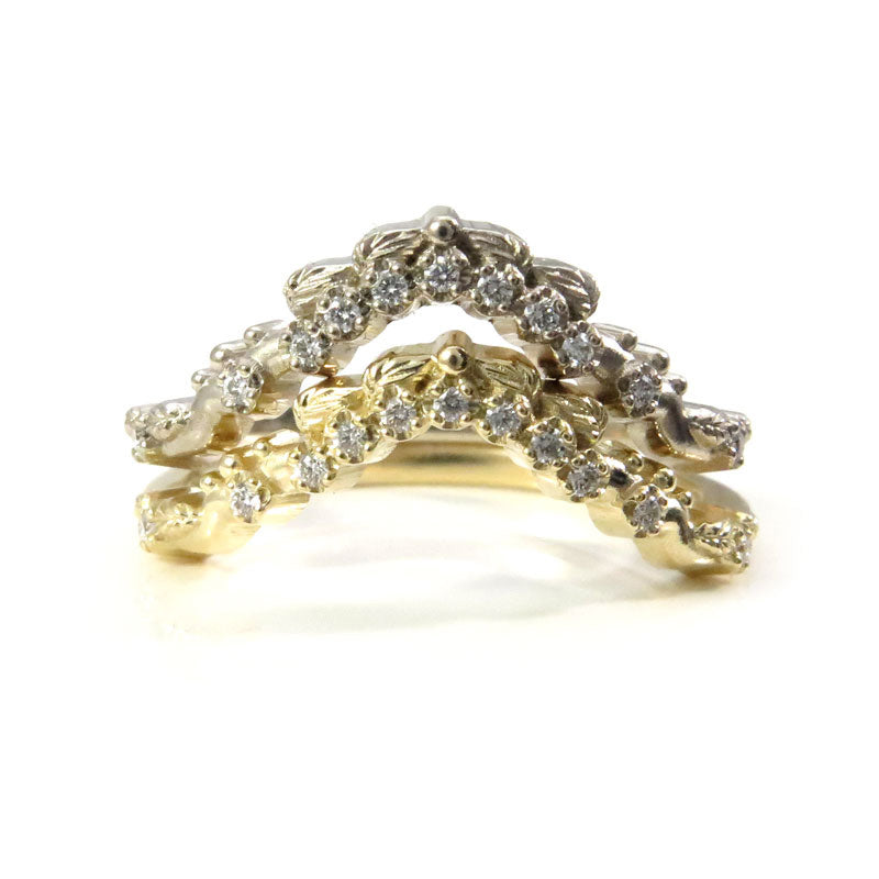 14K Gold Curved Leafy Diamond Vine Wedding Band - Black & White Diamonds in Yellow, Rose & White Gold | Elegant Bridal Jewelry for Weddings & Anniversaries